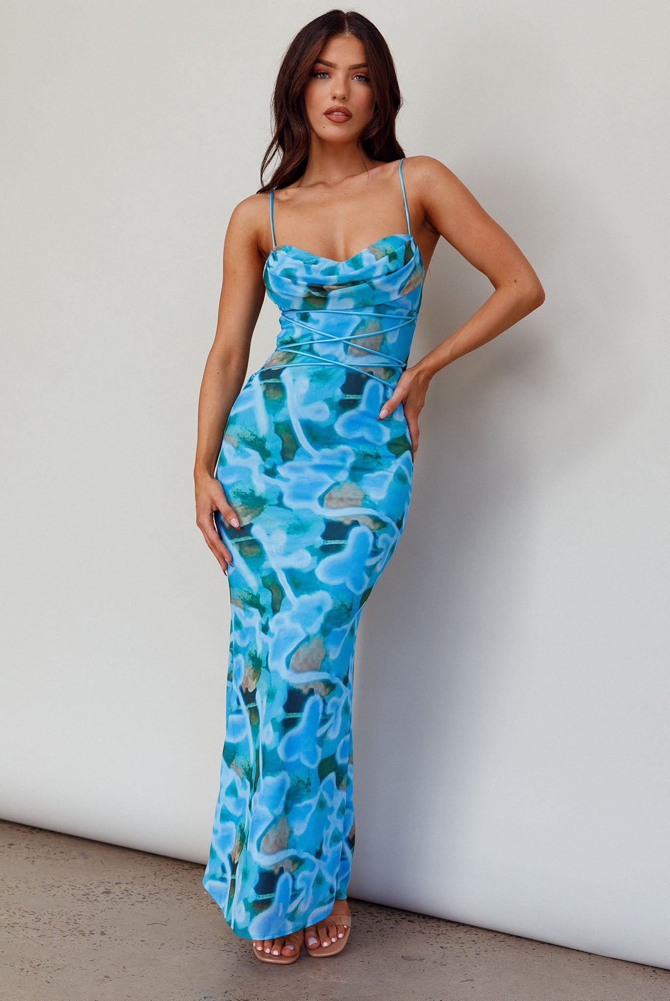 Shop the Teava Laced Waist Midi Dress Abstract Blue Crush | Selfie ...