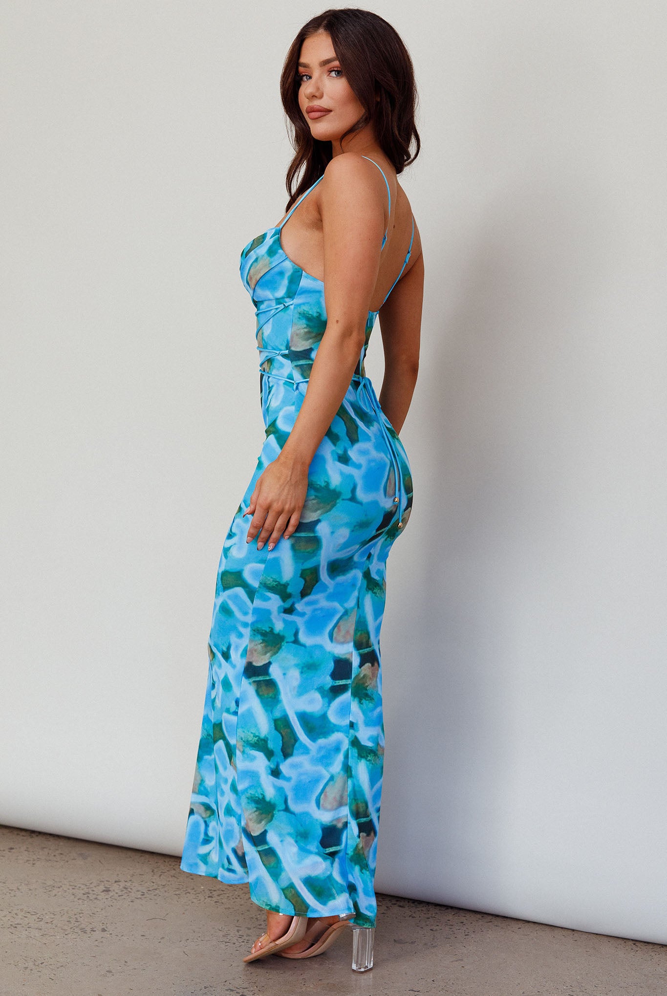 Teava Laced Waist Midi Dress Abstract Blue Crush by Selfie Leslie Australia