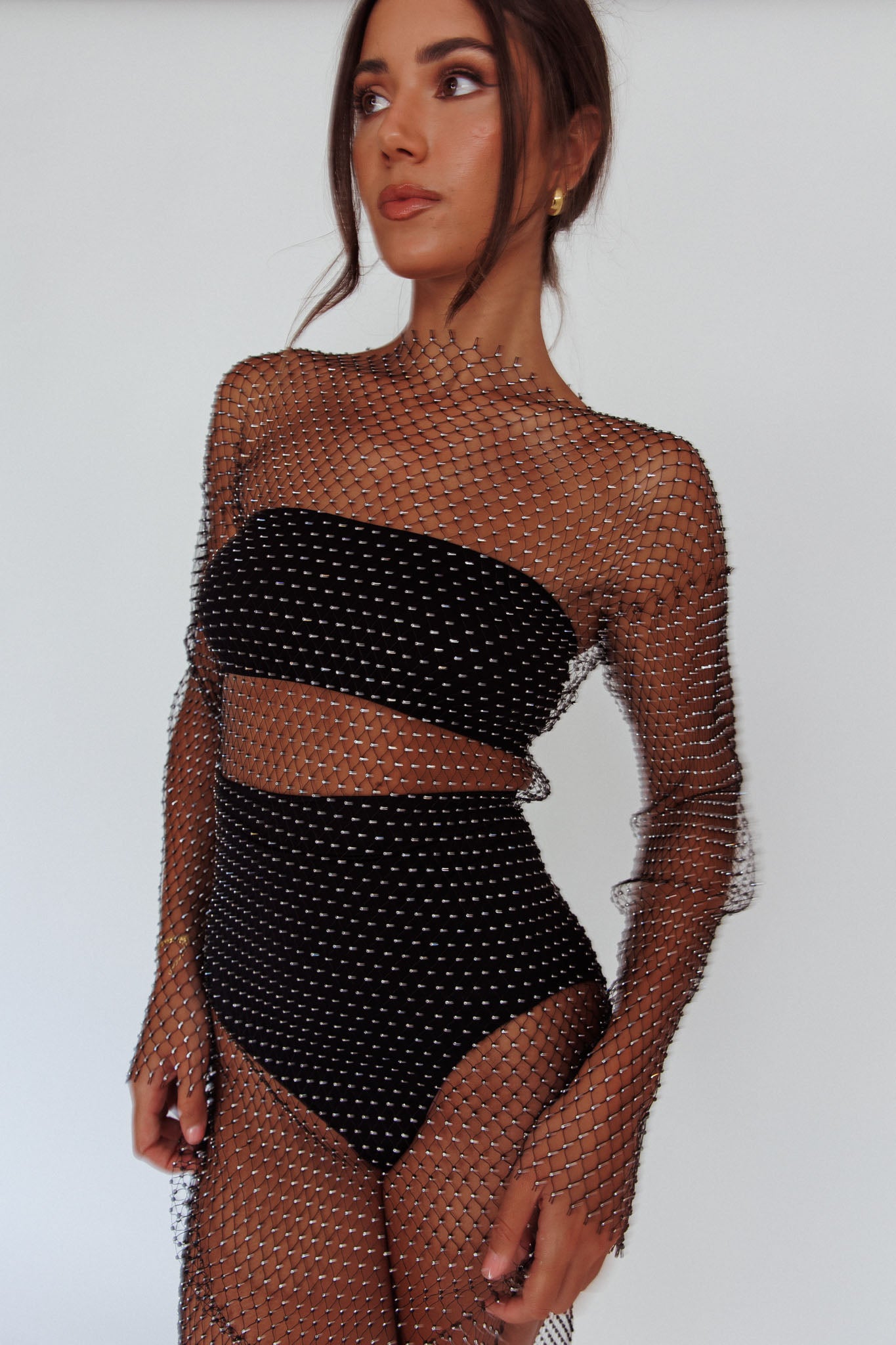 Cosmic Girl Diamante Net Midi Dress Black by Selfie Leslie Australia