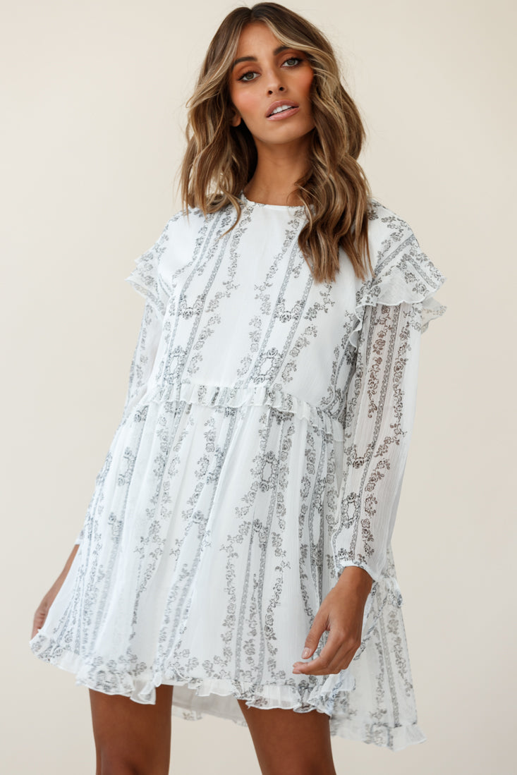 Marion Long Sleeve Shift Dress Vintage Floral Print White by Selfie Leslie