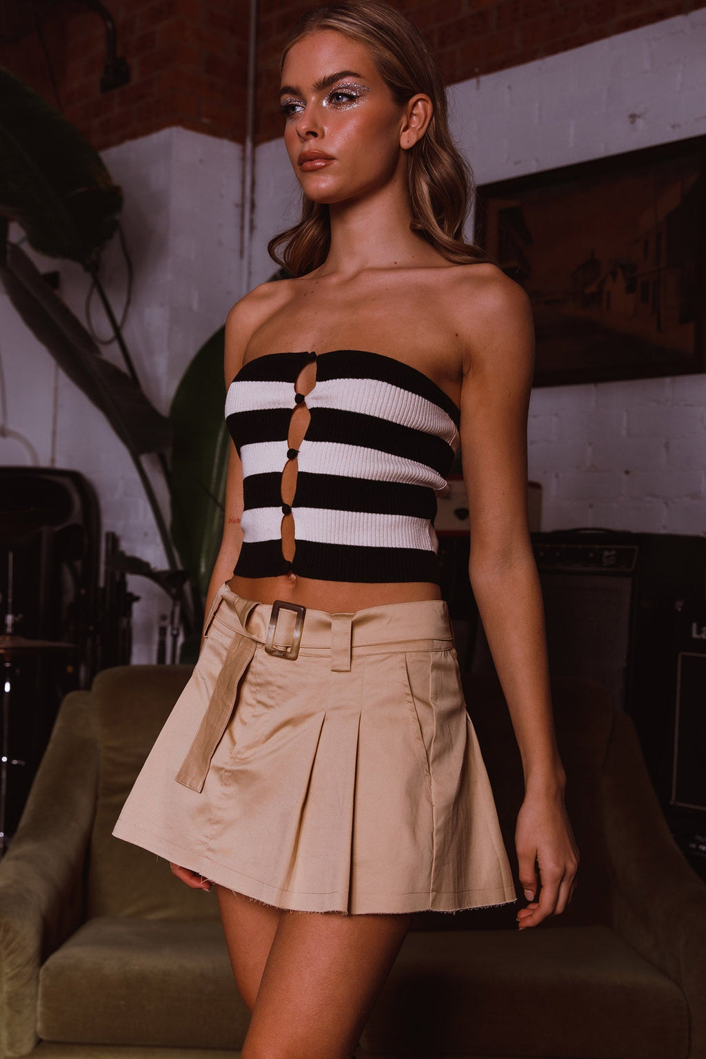 Liza Low Rise Mini Skirt Tan by Selfie Leslie