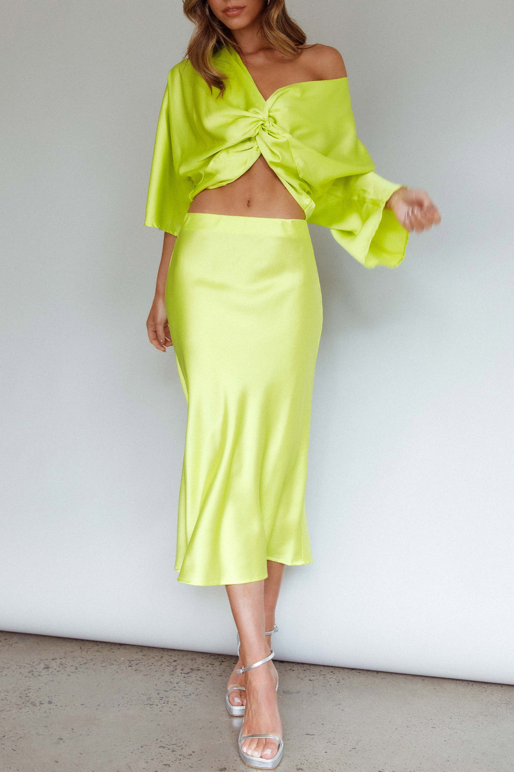 Lolah Satin Midi Skirt Citron by Selfie Leslie Australia