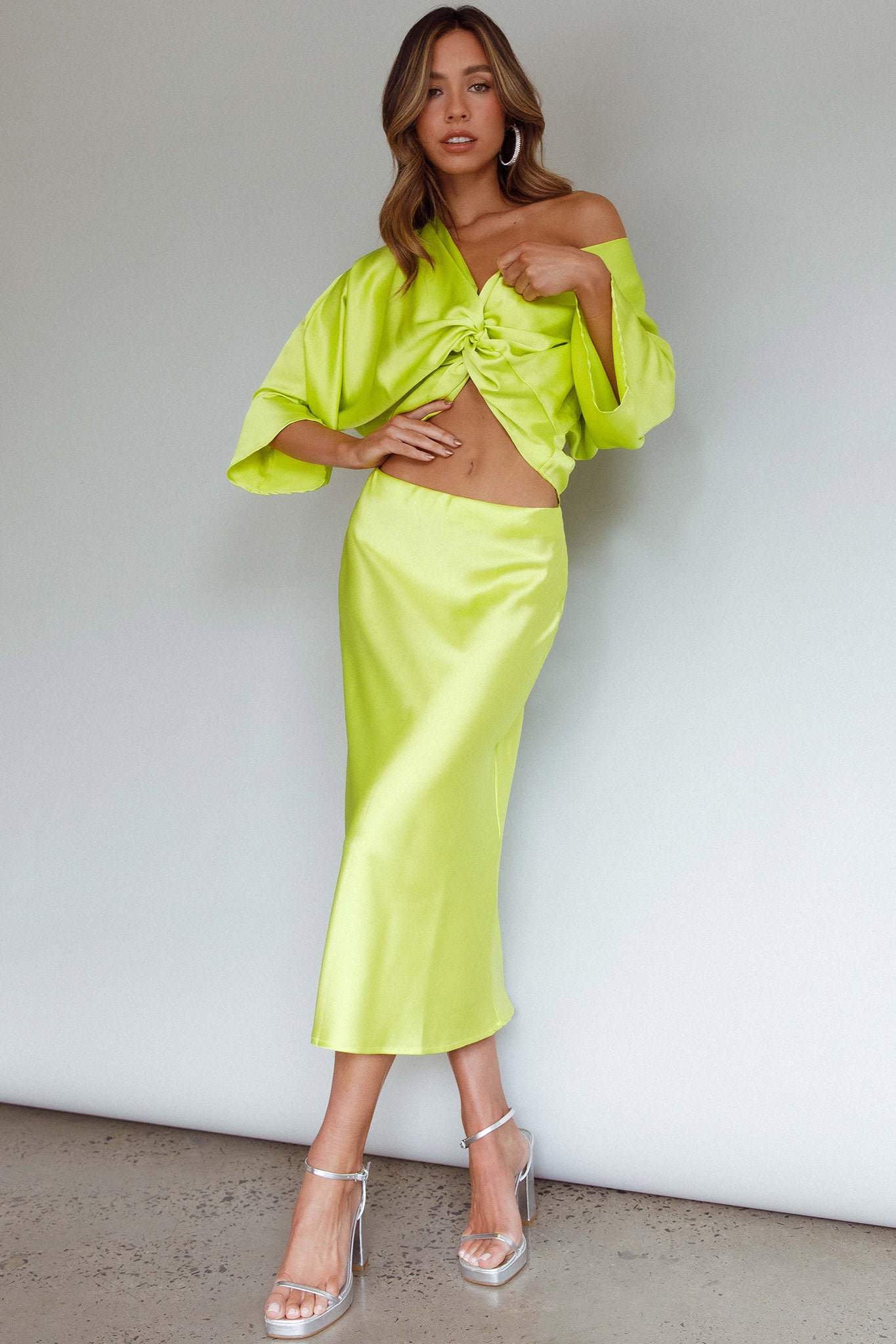 Lolah Satin Midi Skirt Citron by Selfie Leslie Australia