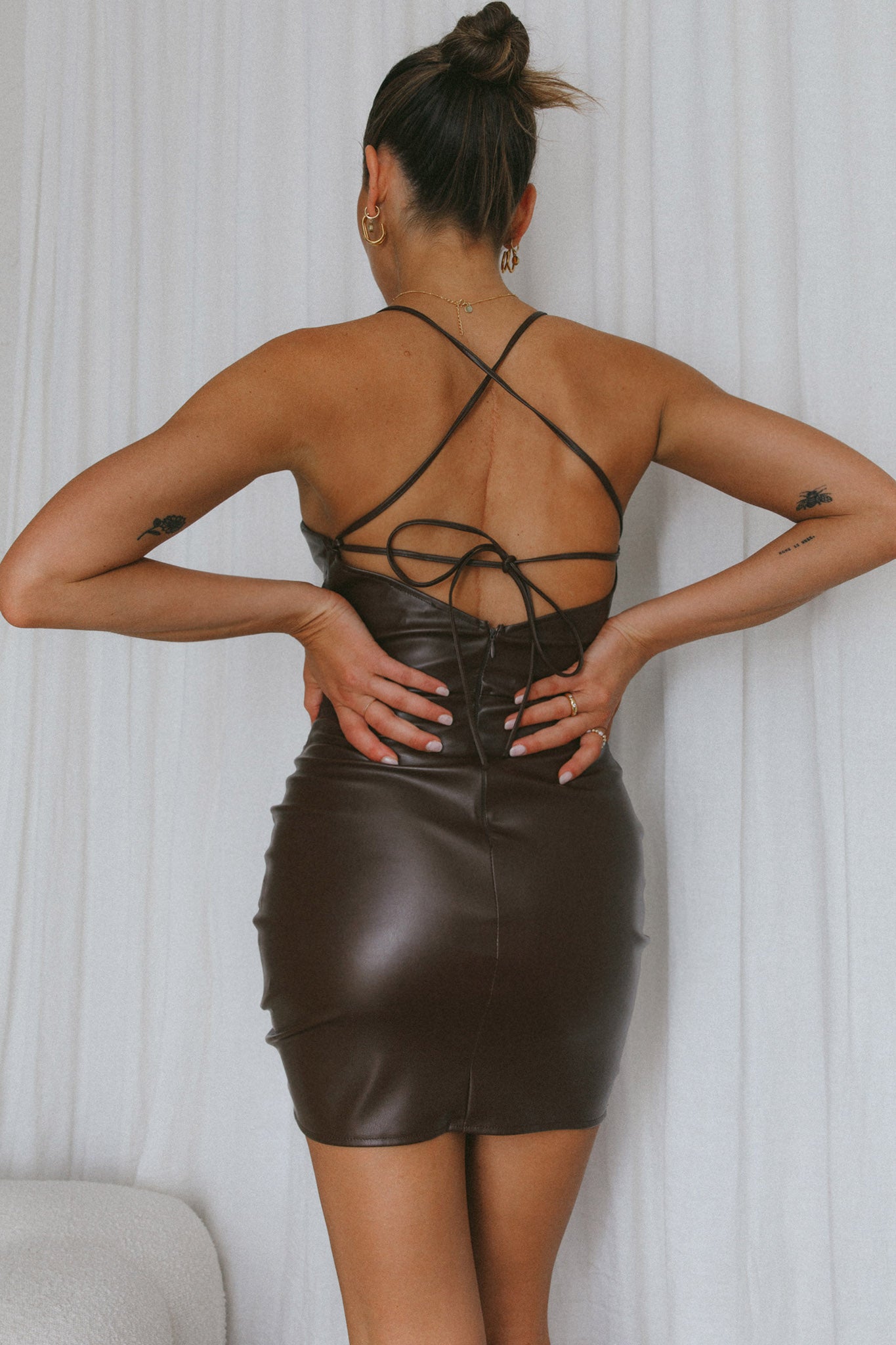 Come At Me Faux Leather Mini Dress Brown by Selfie Leslie