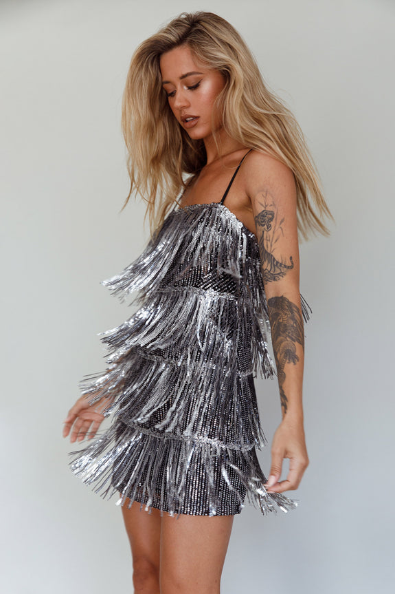 New York Nights Sequin Fringe Mini Dress Black by Selfie Leslie Australia