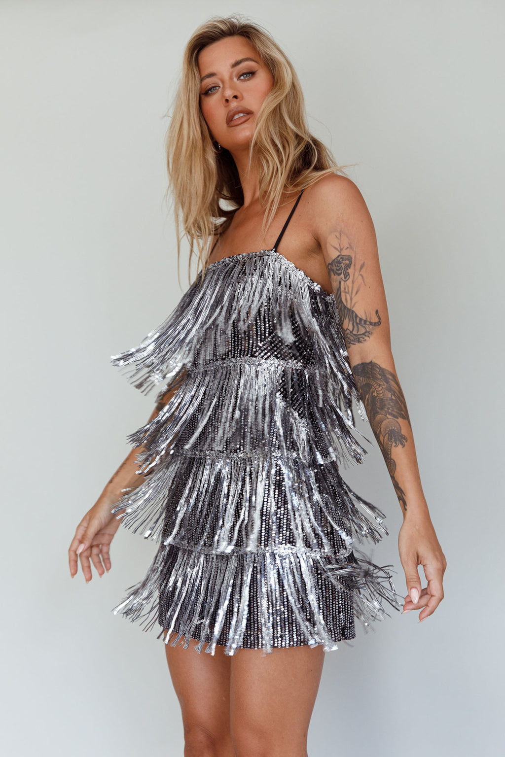 New York Nights Sequin Fringe Mini Dress Black by Selfie Leslie Australia