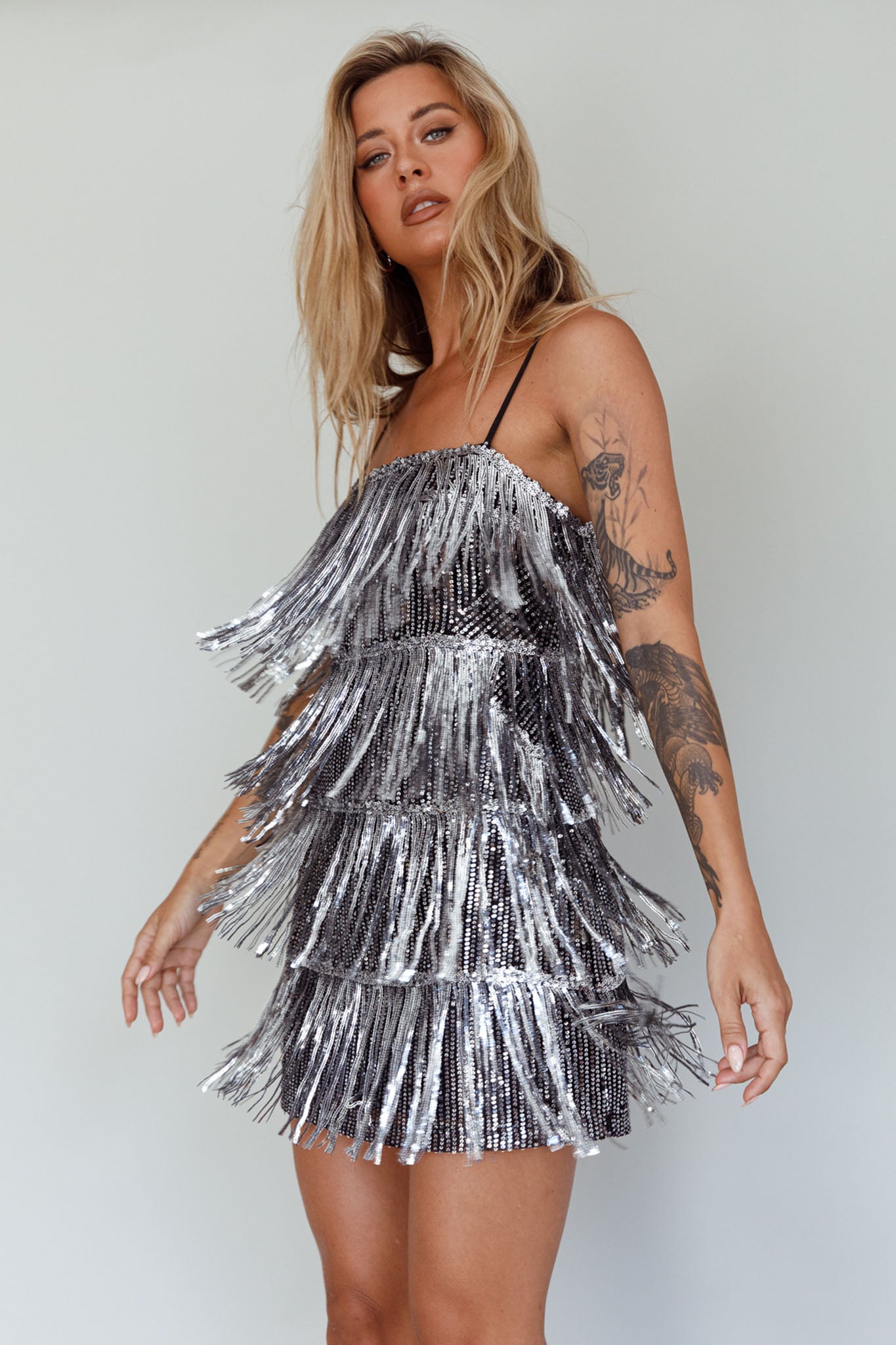 New York Nights Sequin Fringe Mini Dress Black by Selfie Leslie Australia