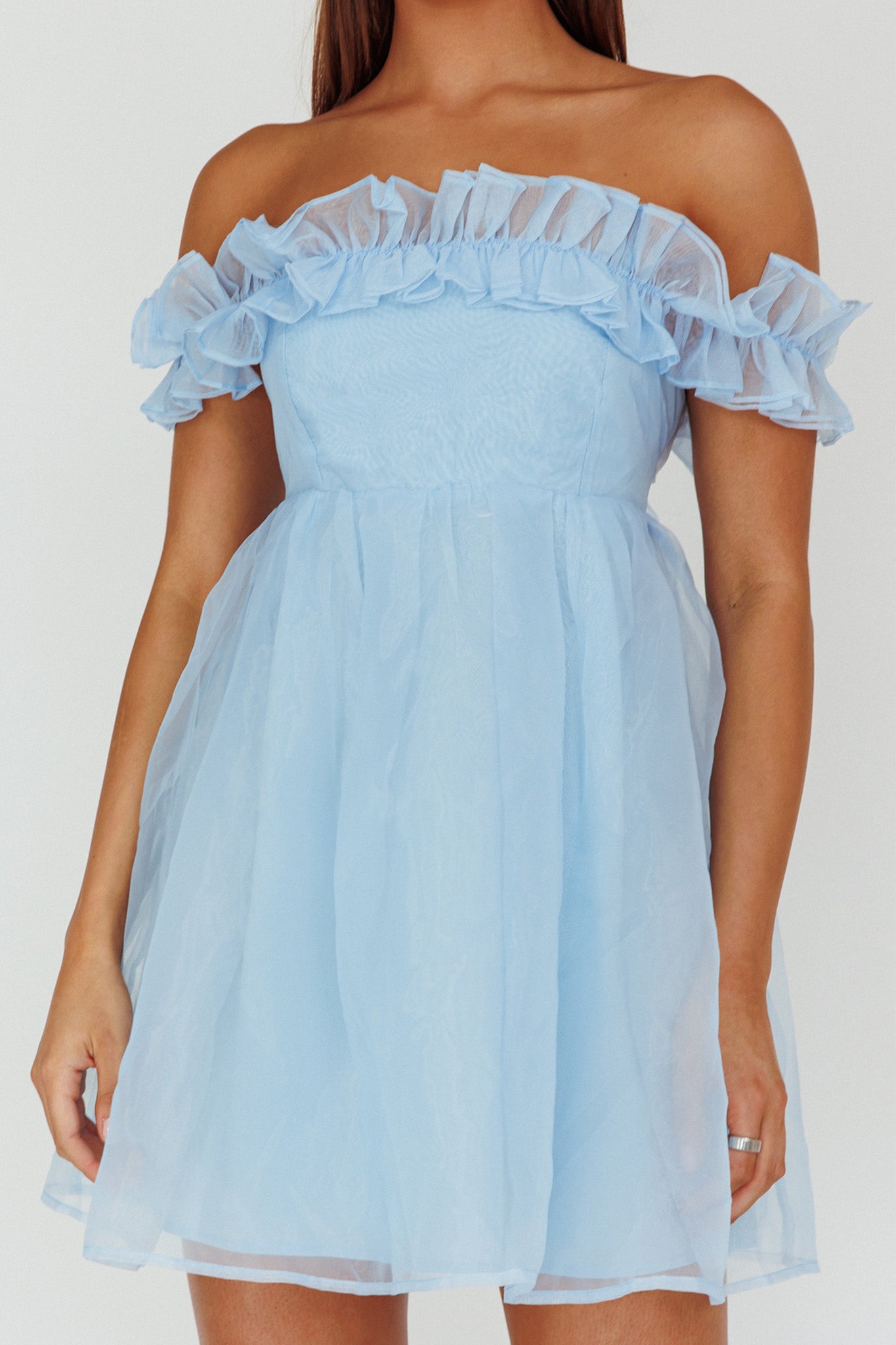 Dreamers Off-Shoulder Frill Mini Dress Light Blue by Selfie Leslie Australia