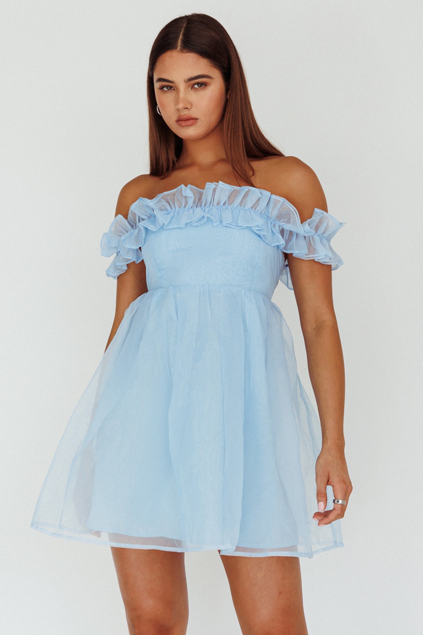 Dreamers Off-Shoulder Frill Mini Dress Light Blue by Selfie Leslie Australia