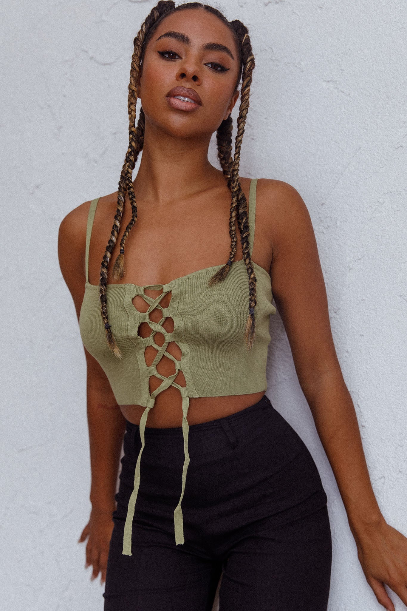 Jori Lace Up Crop Top Olive by Selfie Leslie