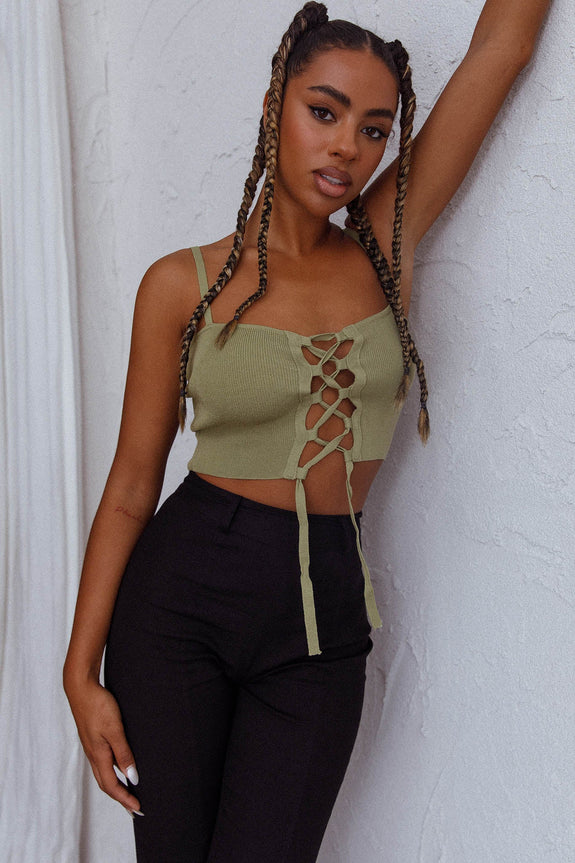 Jori Lace Up Crop Top Olive by Selfie Leslie