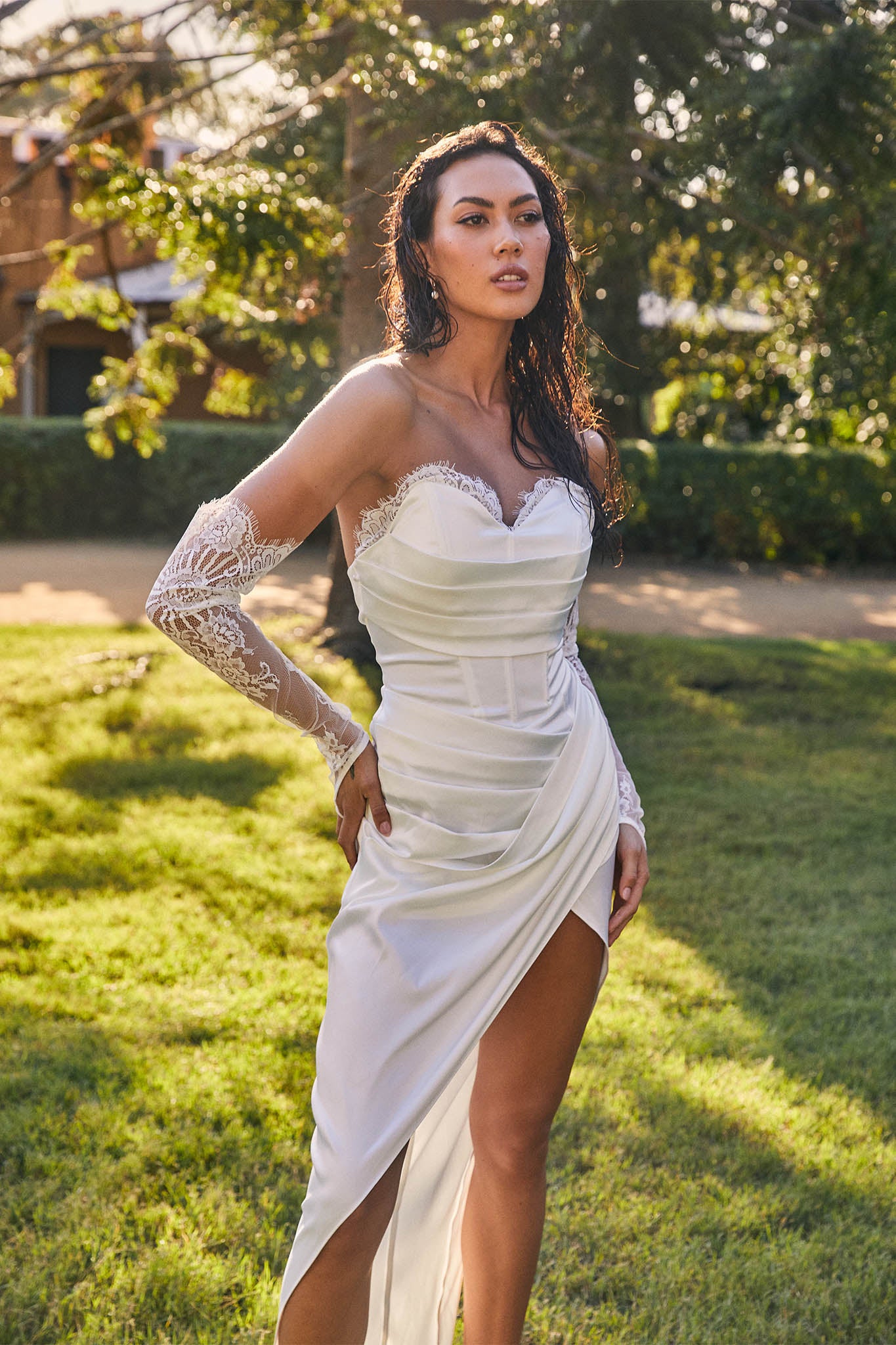 Shanice Lace Trim Sweetheart Midi Dress White by Selfie Leslie Australia