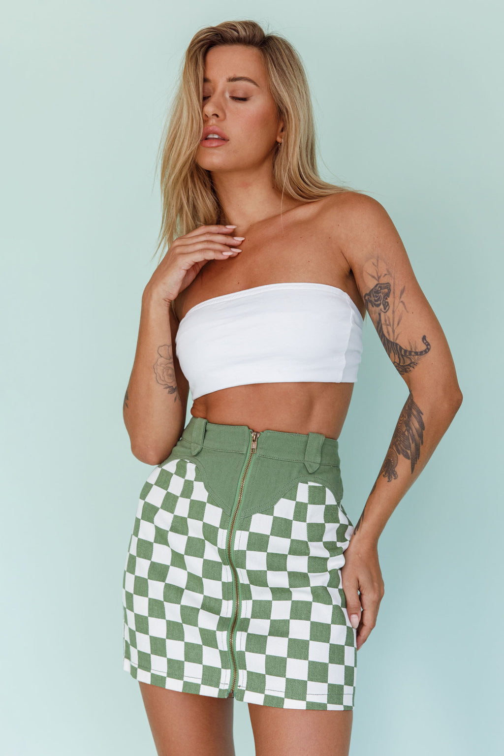 Rewind Zipper Front Mini Skirt Checkered Green by Selfie Leslie Australia