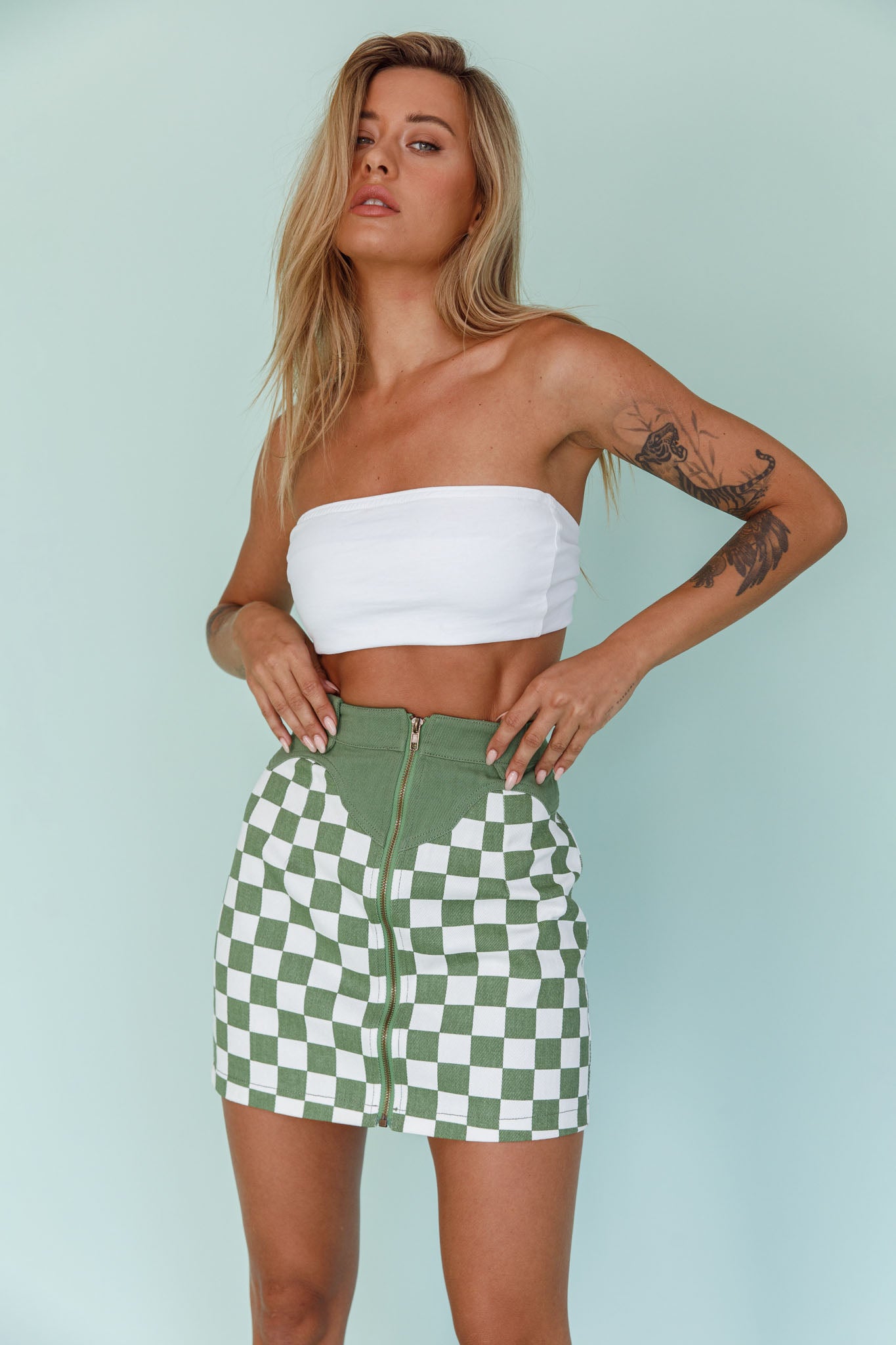 Rewind Zipper Front Mini Skirt Checkered Green by Selfie Leslie Australia