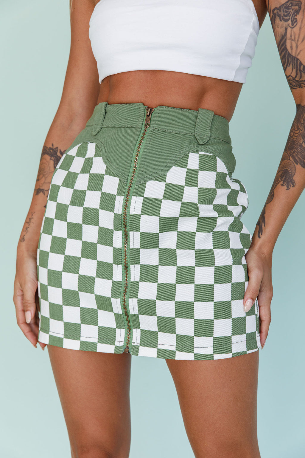 Rewind Zipper Front Mini Skirt Checkered Green by Selfie Leslie Australia
