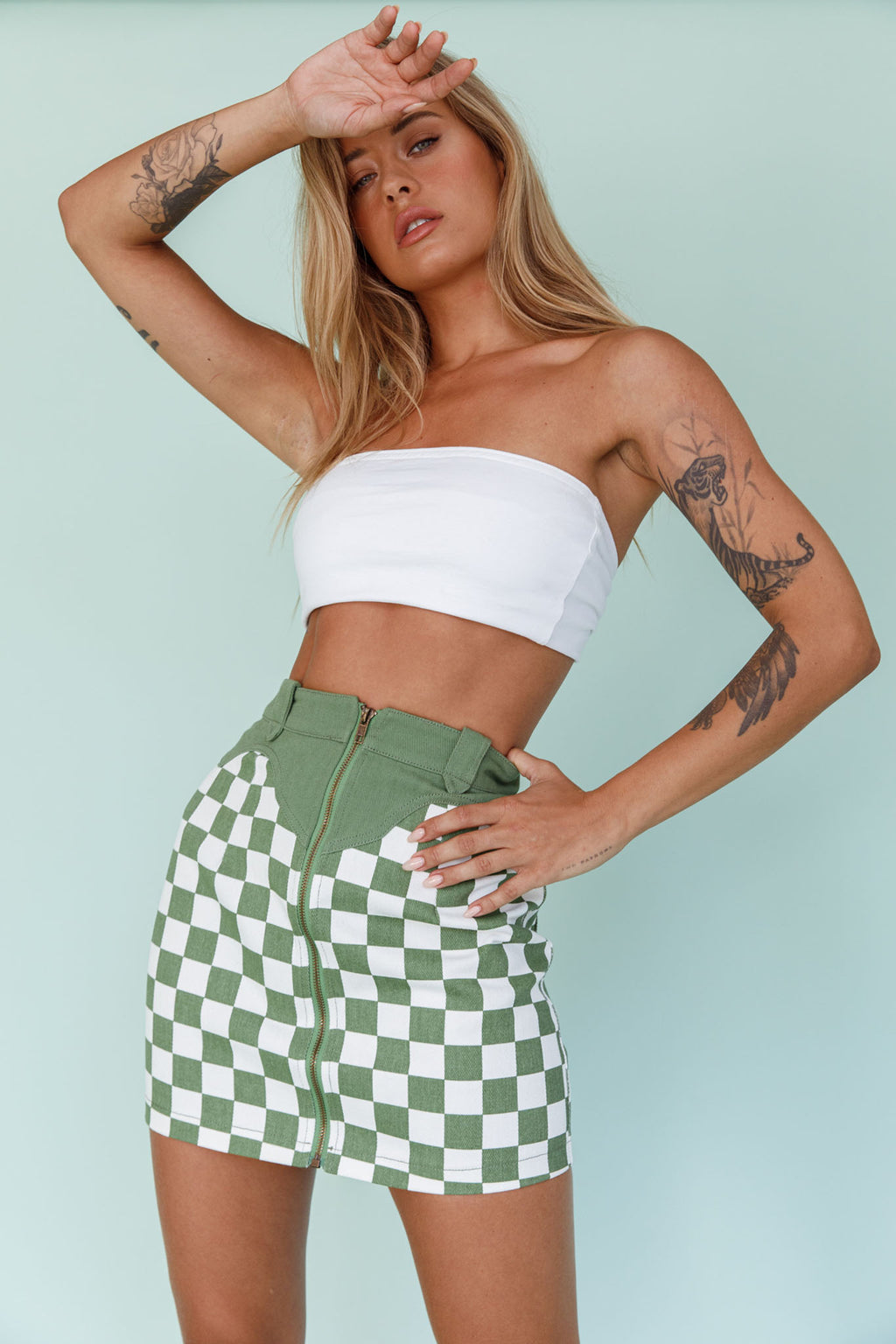 Rewind Zipper Front Mini Skirt Checkered Green by Selfie Leslie Australia