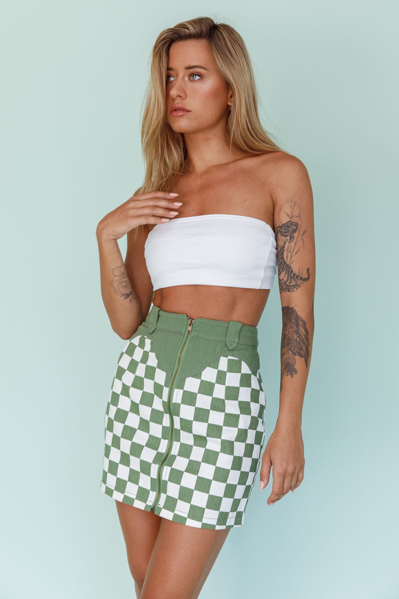 Rewind Zipper Front Mini Skirt Checkered Green by Selfie Leslie Australia