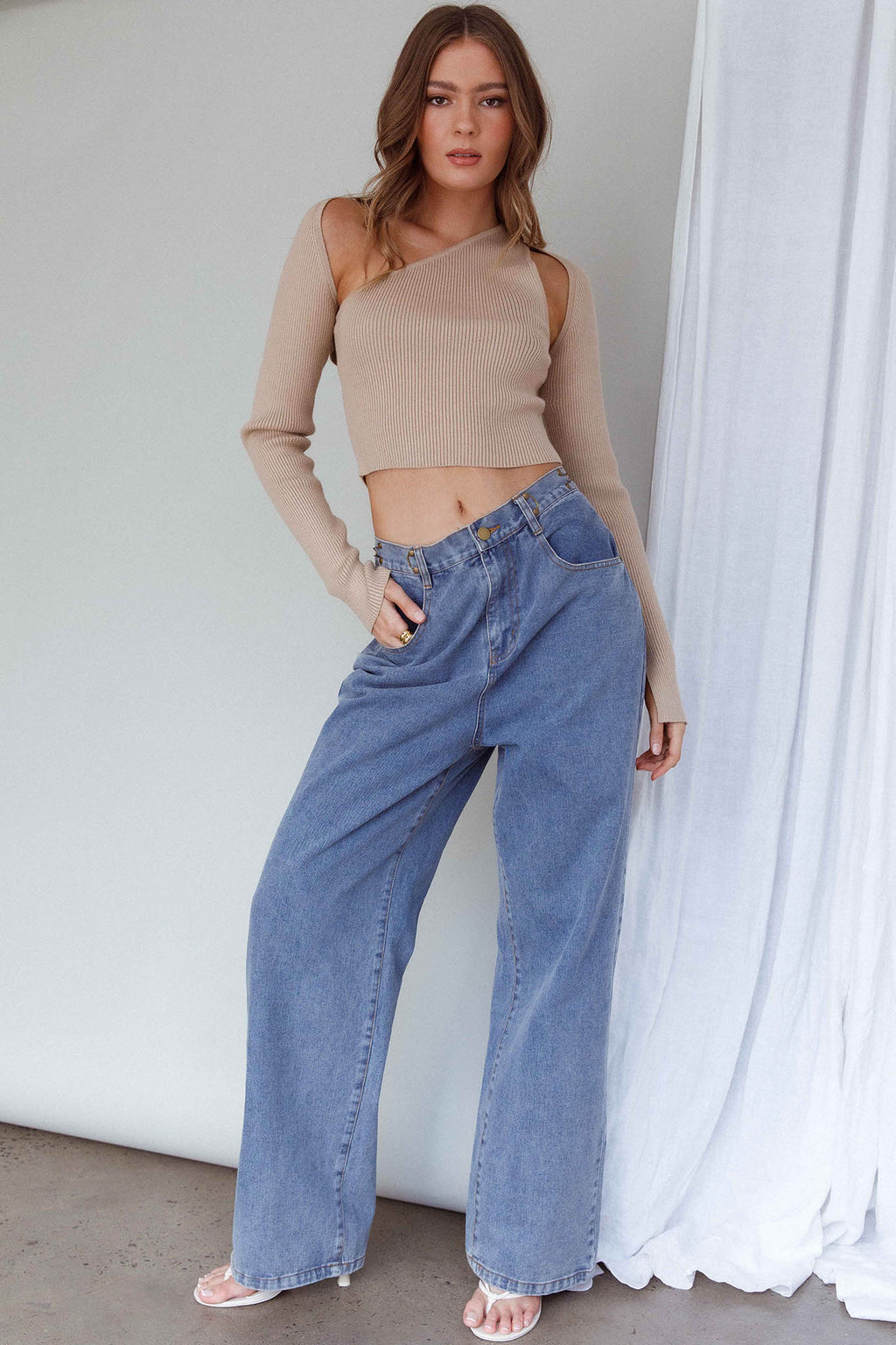 Holland One Shoulder Knit Top & Long Sleeve Shrug Latte by Selfie Leslie Australia