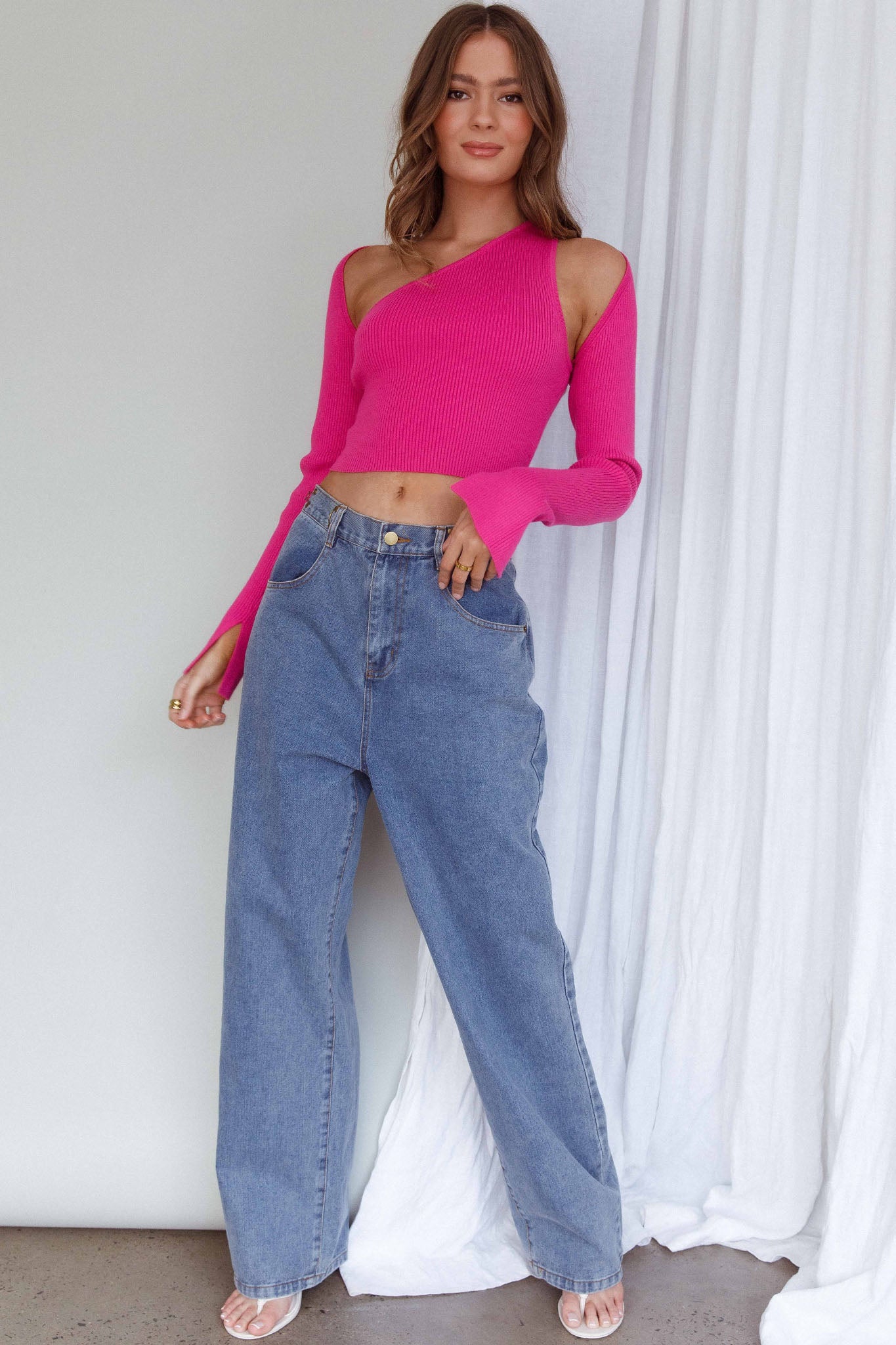 Holland One Shoulder Knit Top & Long Sleeve Shrug Pink by Selfie Leslie Australia