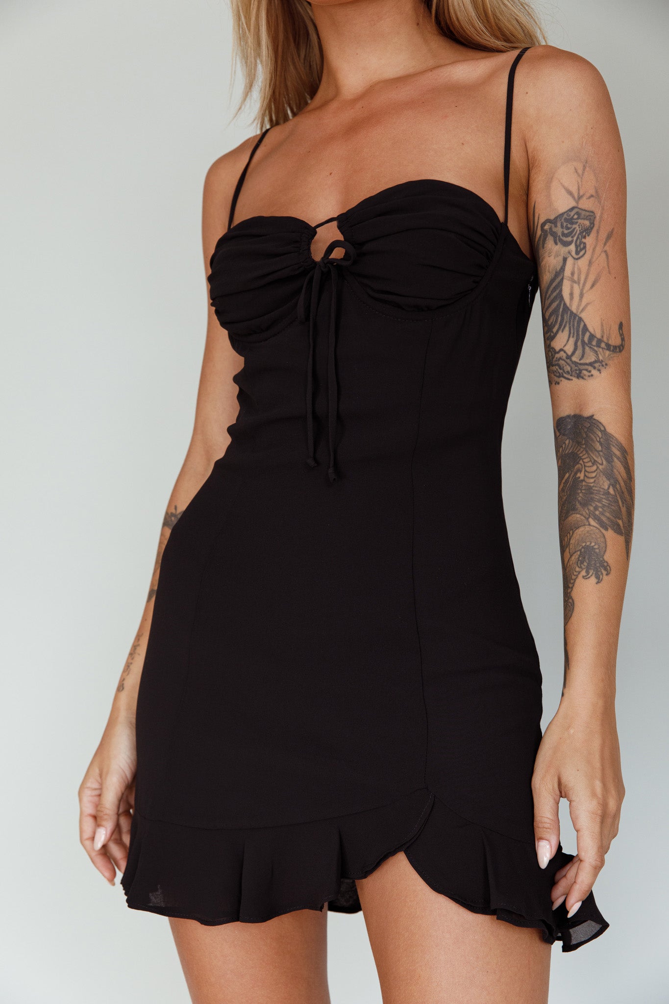 Sky Light Drawstring Bust Mini Dress Black by Selfie Leslie Australia