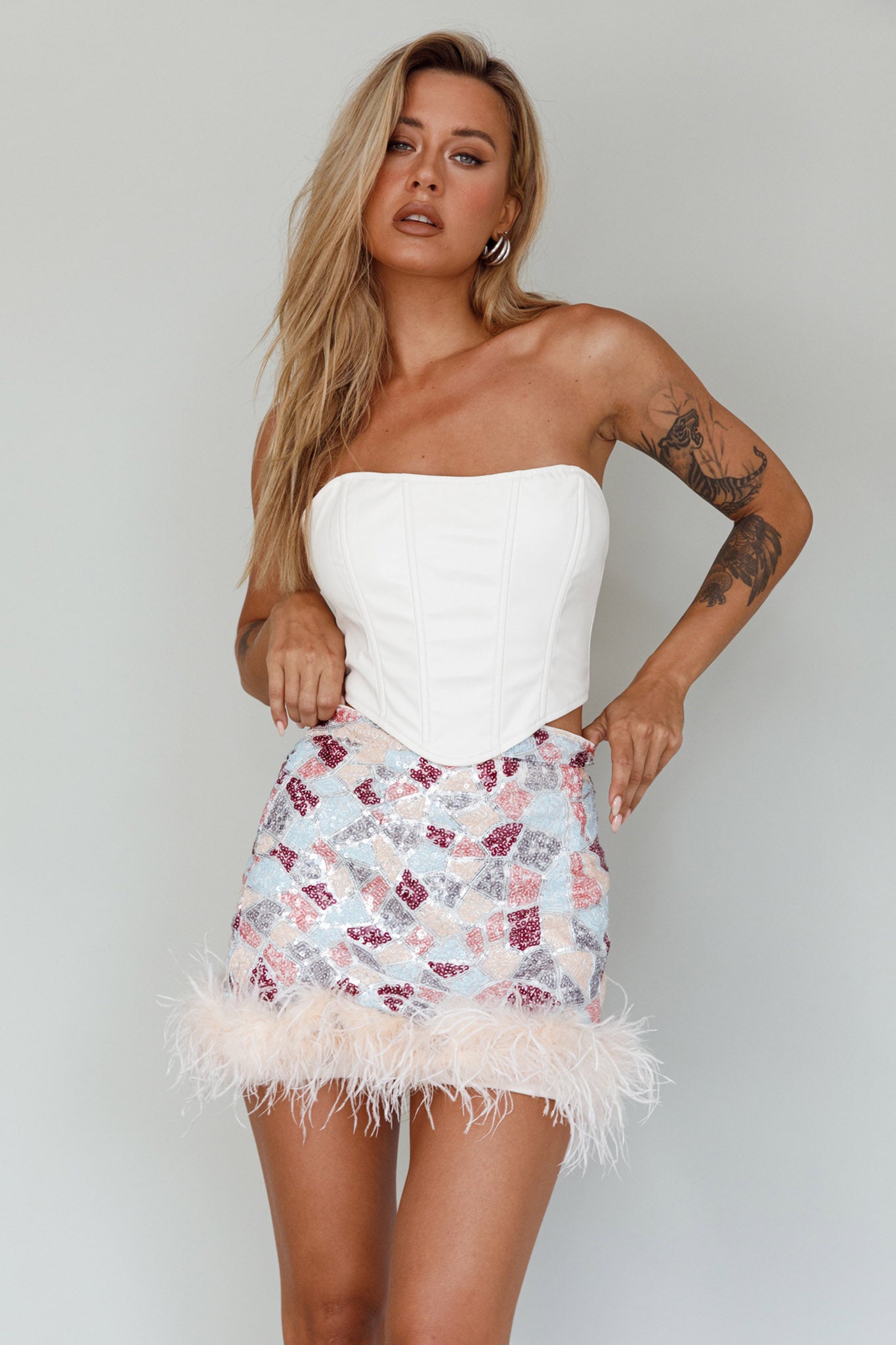 Sunset Boulevard Sequin Feather Mini Skirt Multi by Selfie Leslie Australia