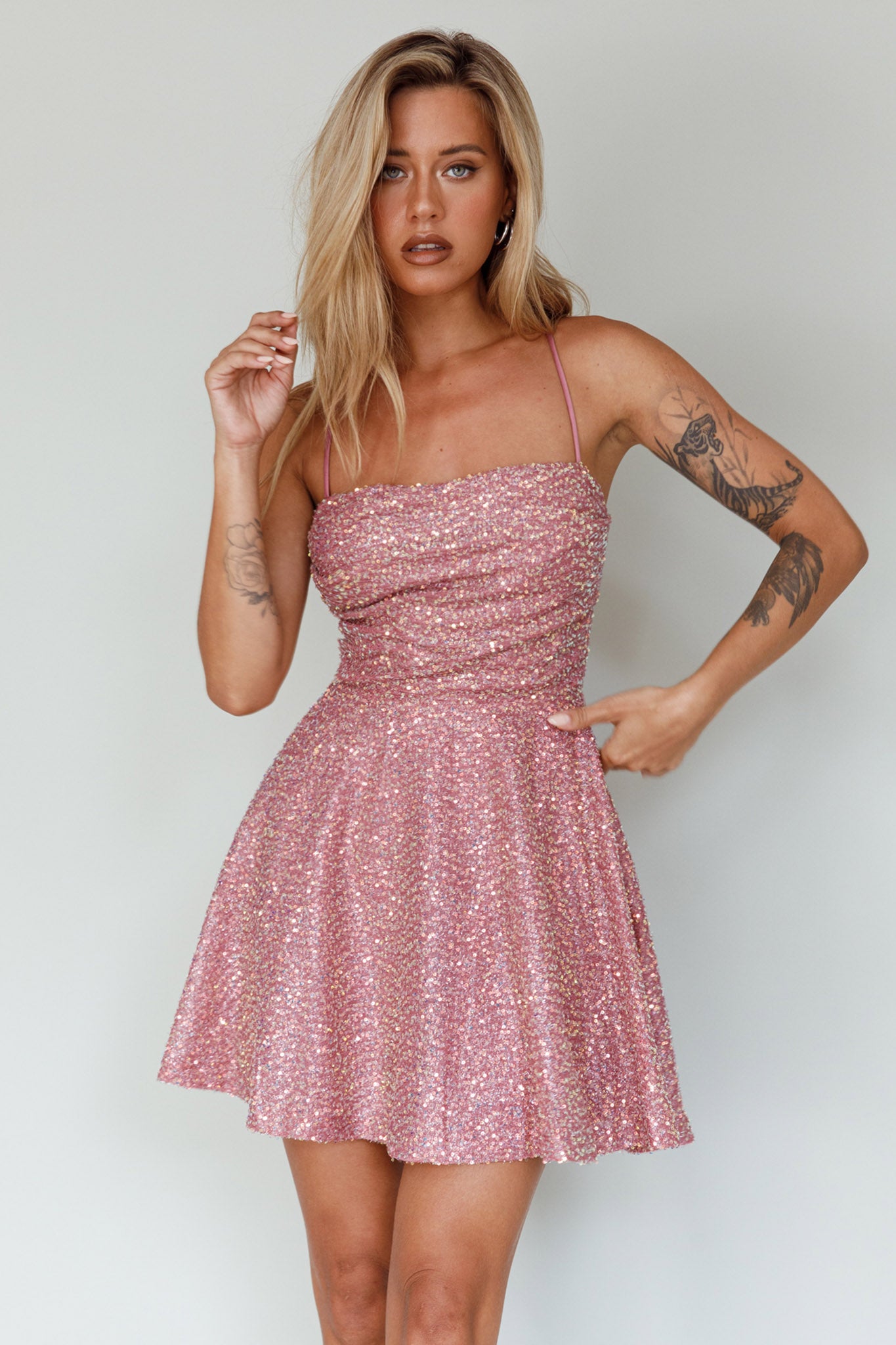Into The Night Tied Back Sequin Dress Mauve by Selfie Leslie Australia