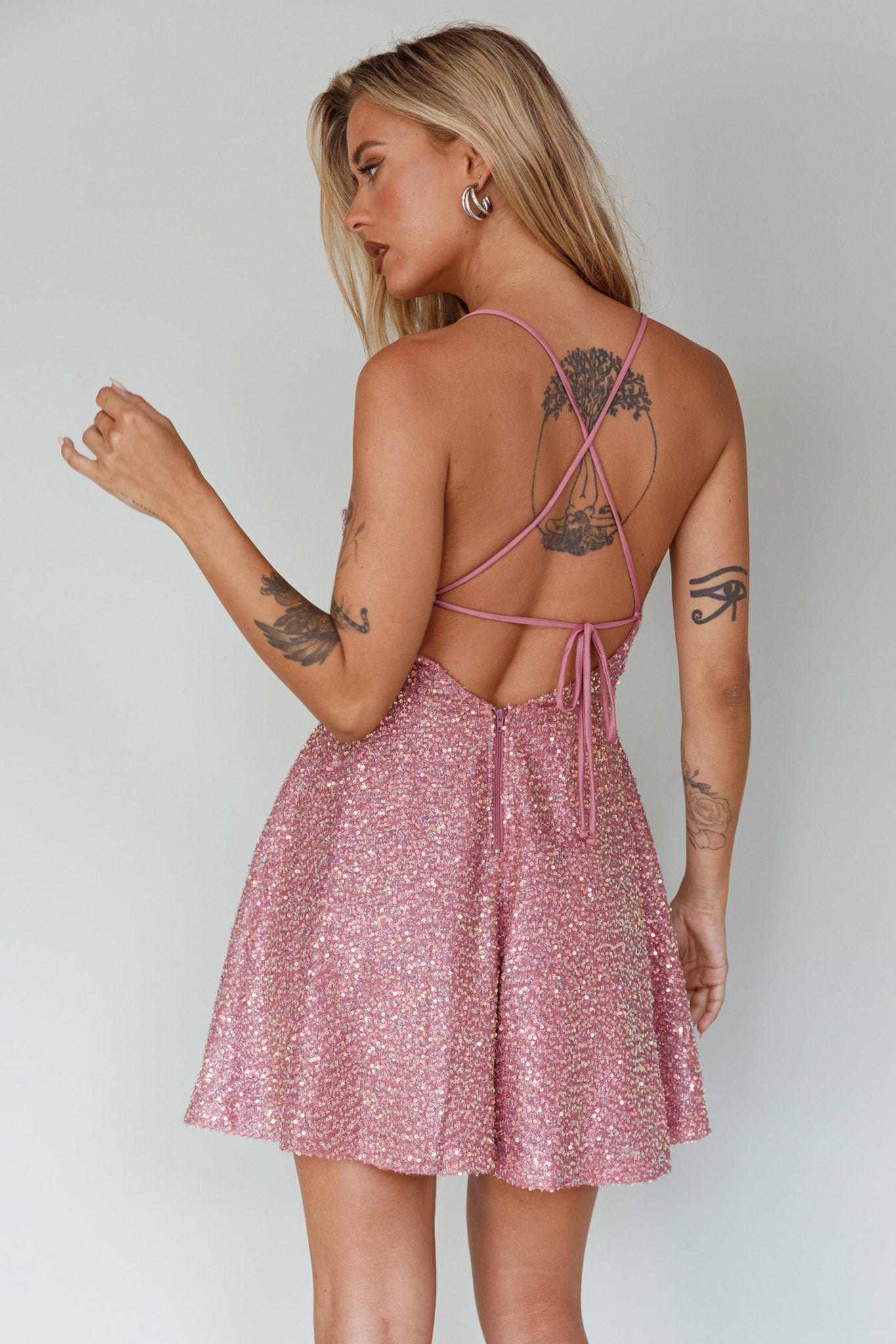 Into The Night Tied Back Sequin Dress Mauve by Selfie Leslie Australia