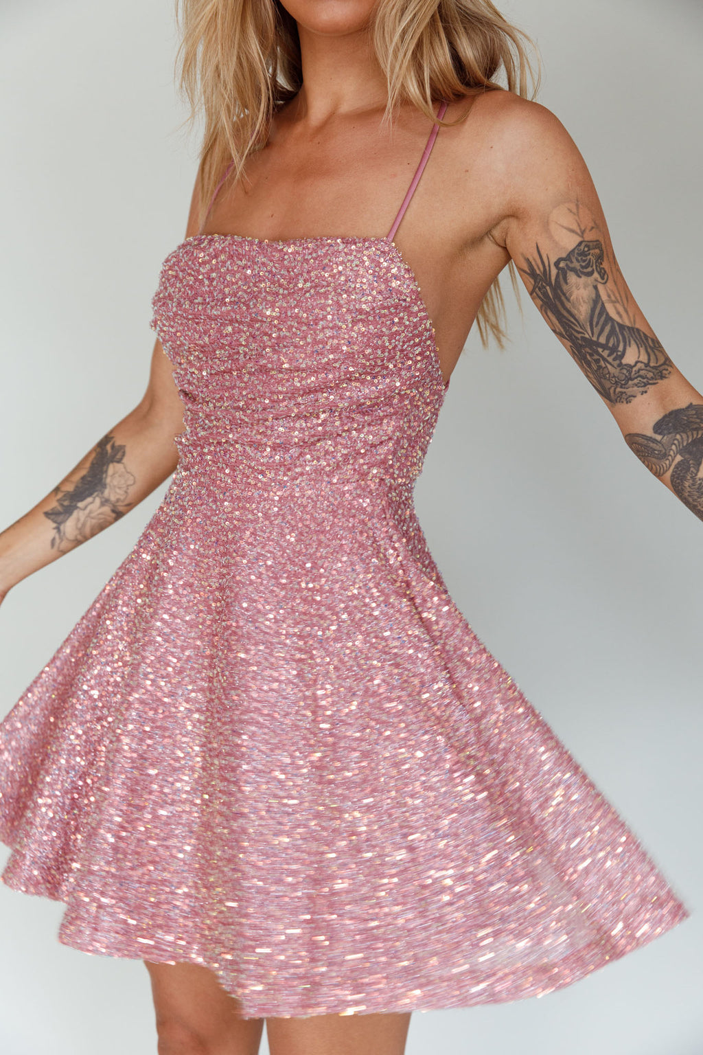 Into The Night Tied Back Sequin Dress Mauve by Selfie Leslie Australia