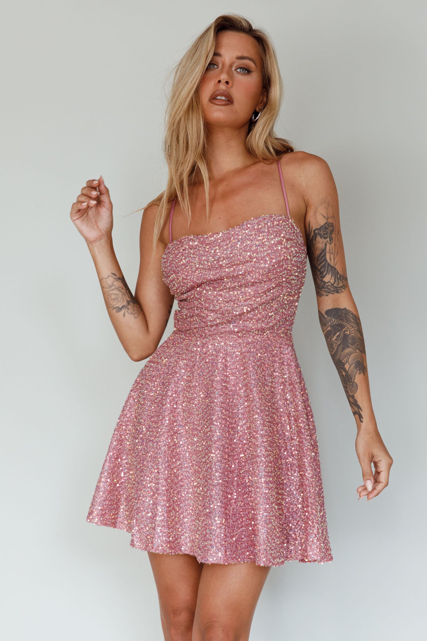 Into The Night Tied Back Sequin Dress Mauve by Selfie Leslie Australia