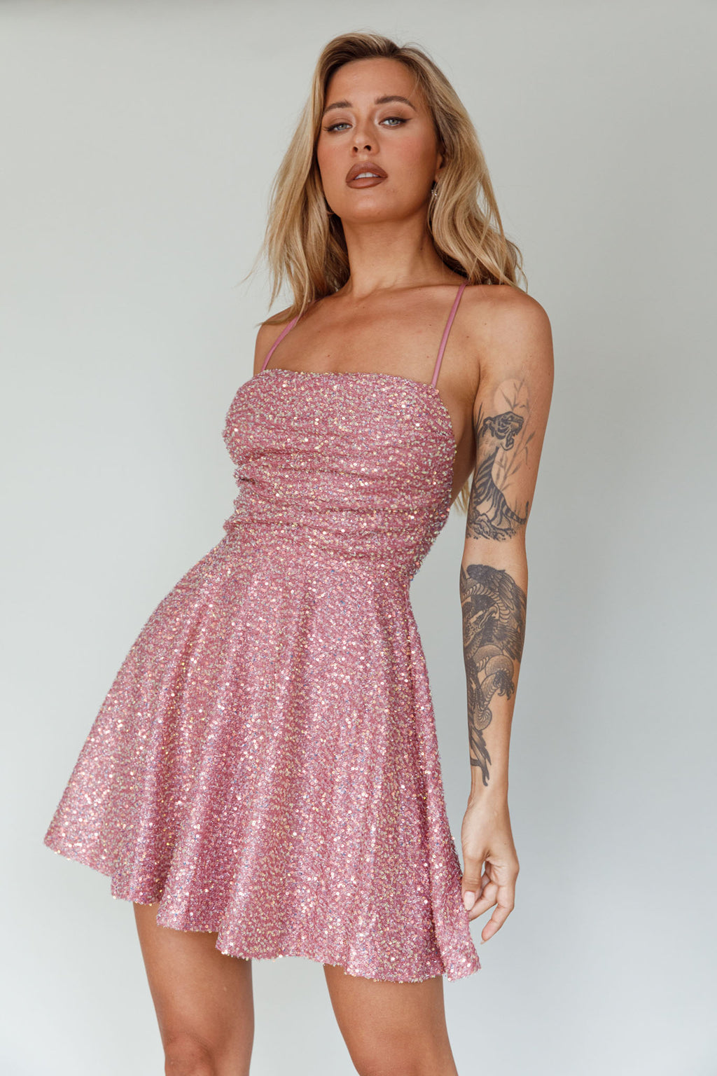 Into The Night Tied Back Sequin Dress Mauve by Selfie Leslie Australia