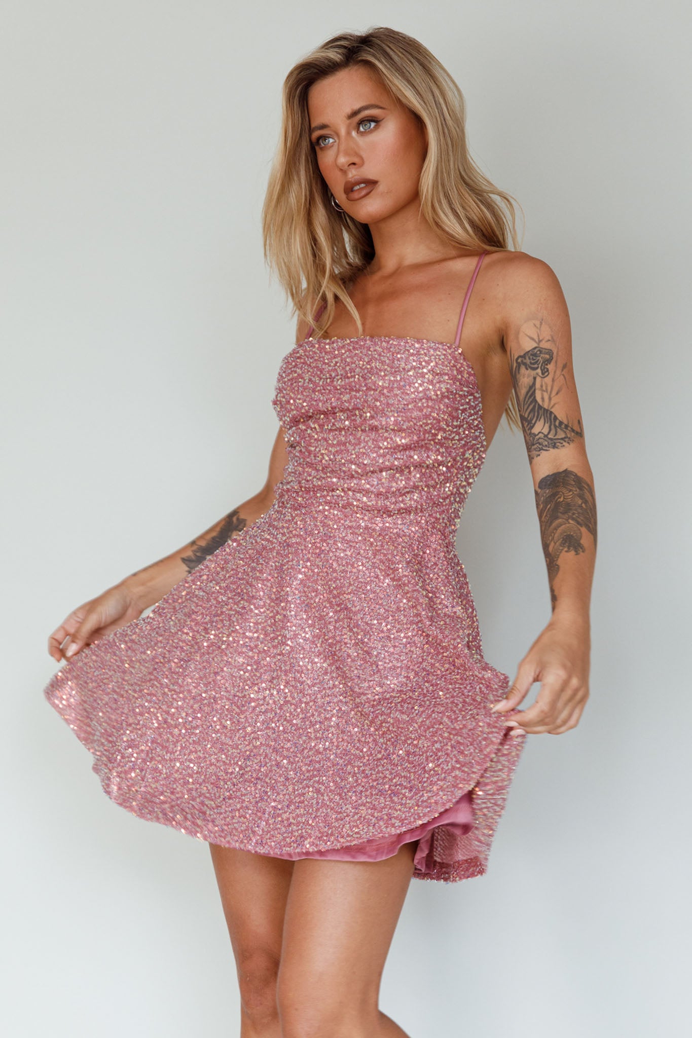 Into The Night Tied Back Sequin Dress Mauve by Selfie Leslie Australia