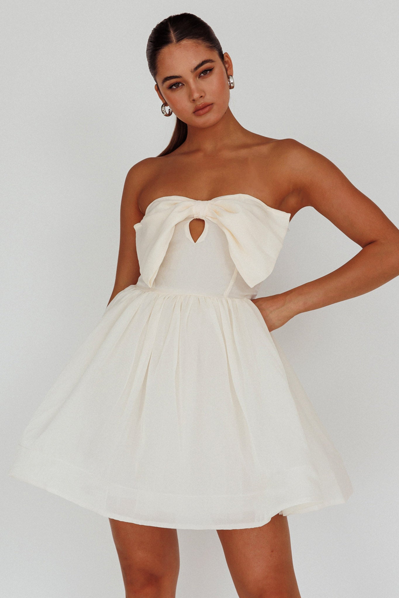 Arabesque Bow Bust Mini Dress Champagne by Selfie Leslie Australia