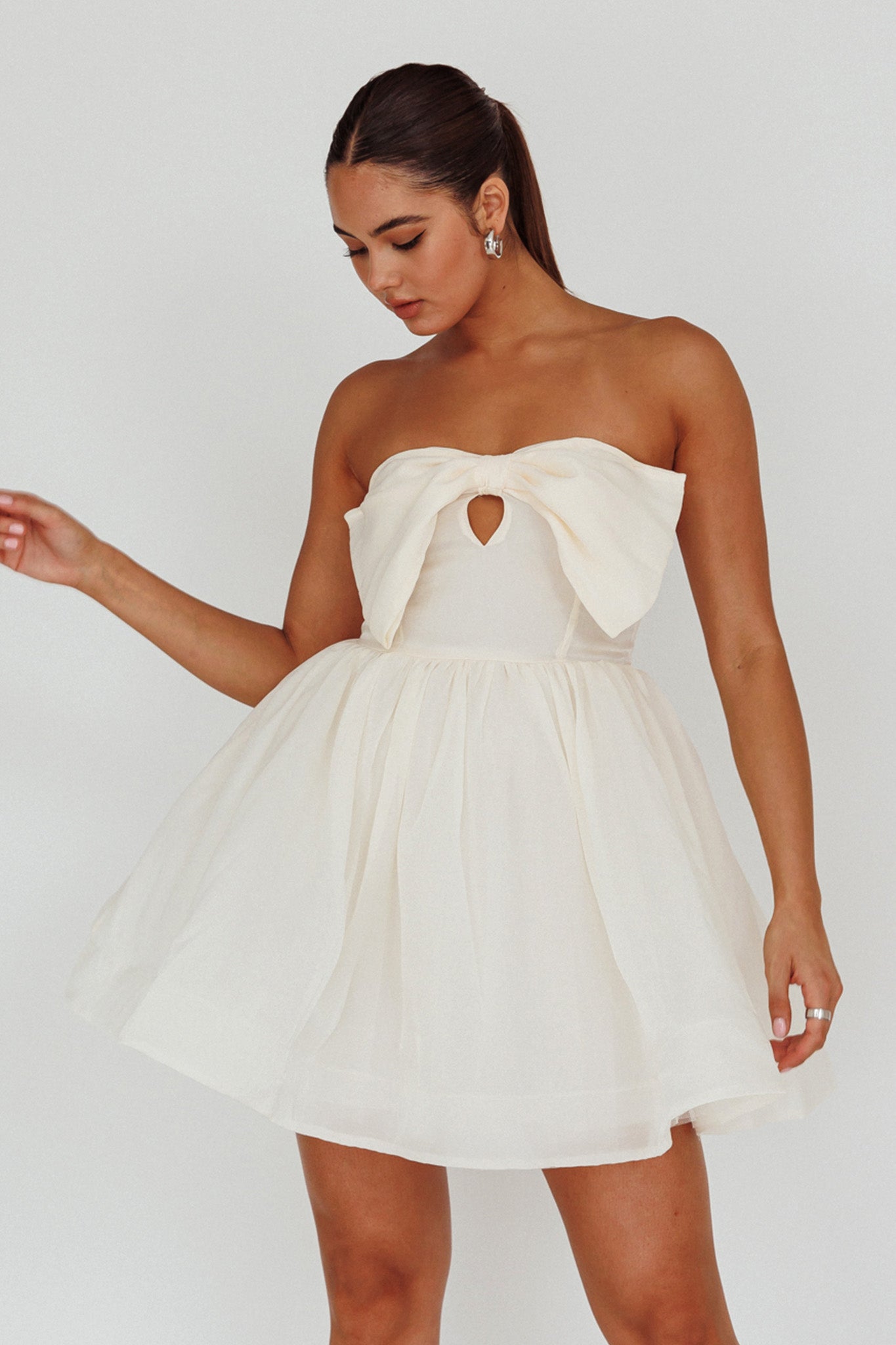 Arabesque Bow Bust Mini Dress Champagne by Selfie Leslie Australia