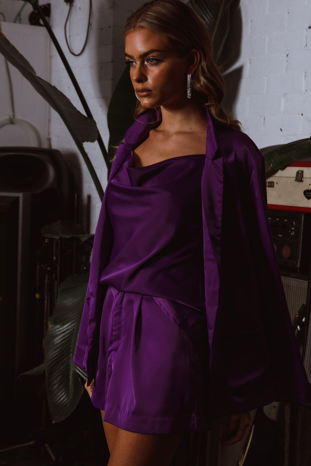 Jazmyn Satin Blazer Purple by Selfie Leslie