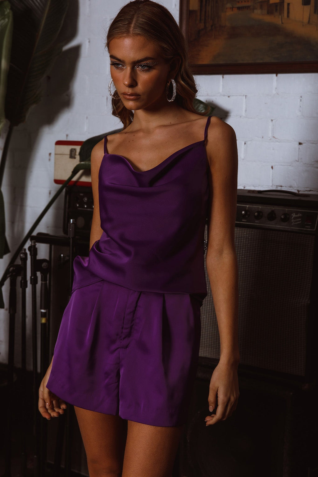 Taylah Cowl Neck Cami Top Purple by Selfie Leslie