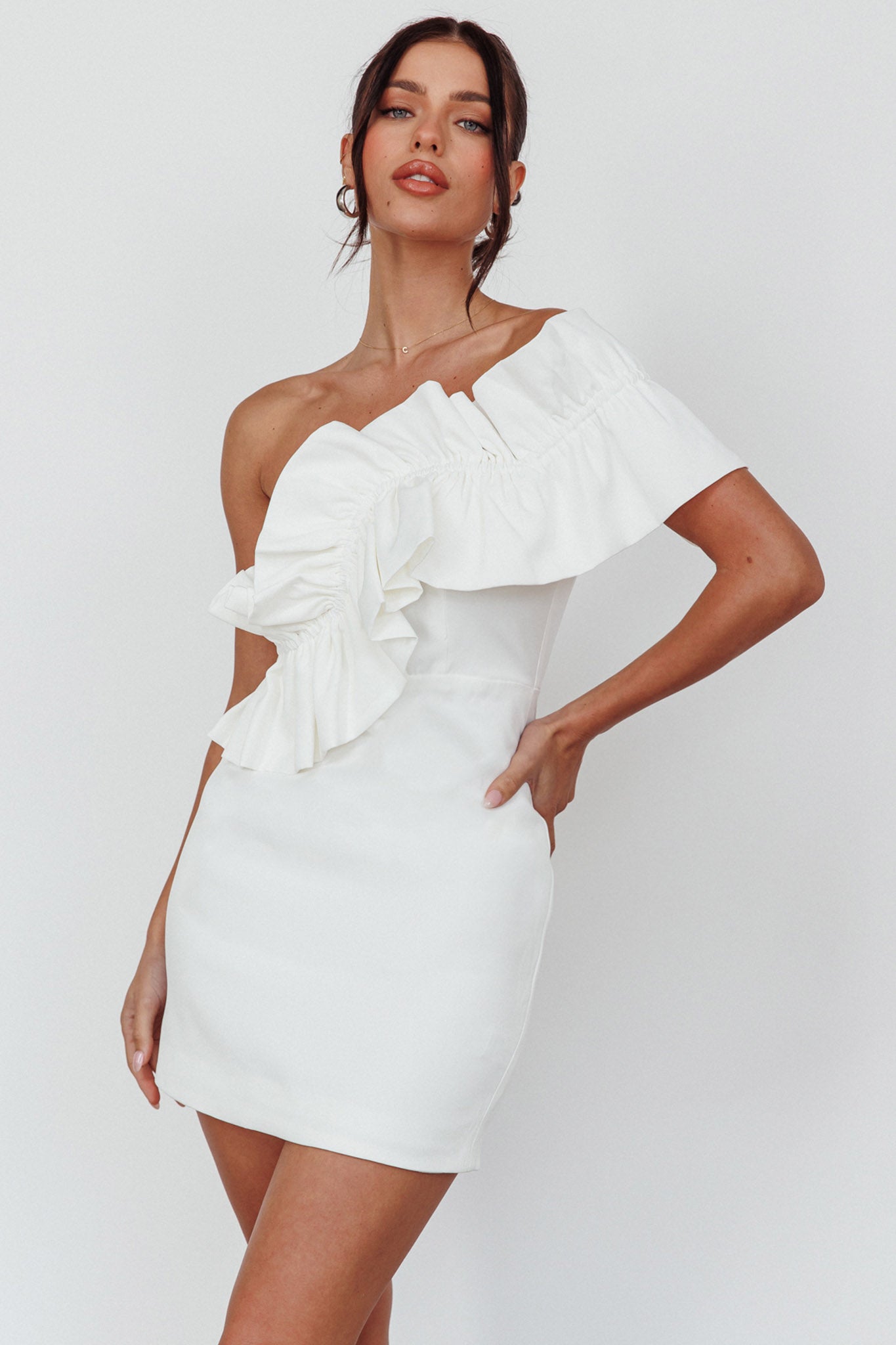 Grecca One-Shoulder Mini Dress Off White by Selfie Leslie Australia