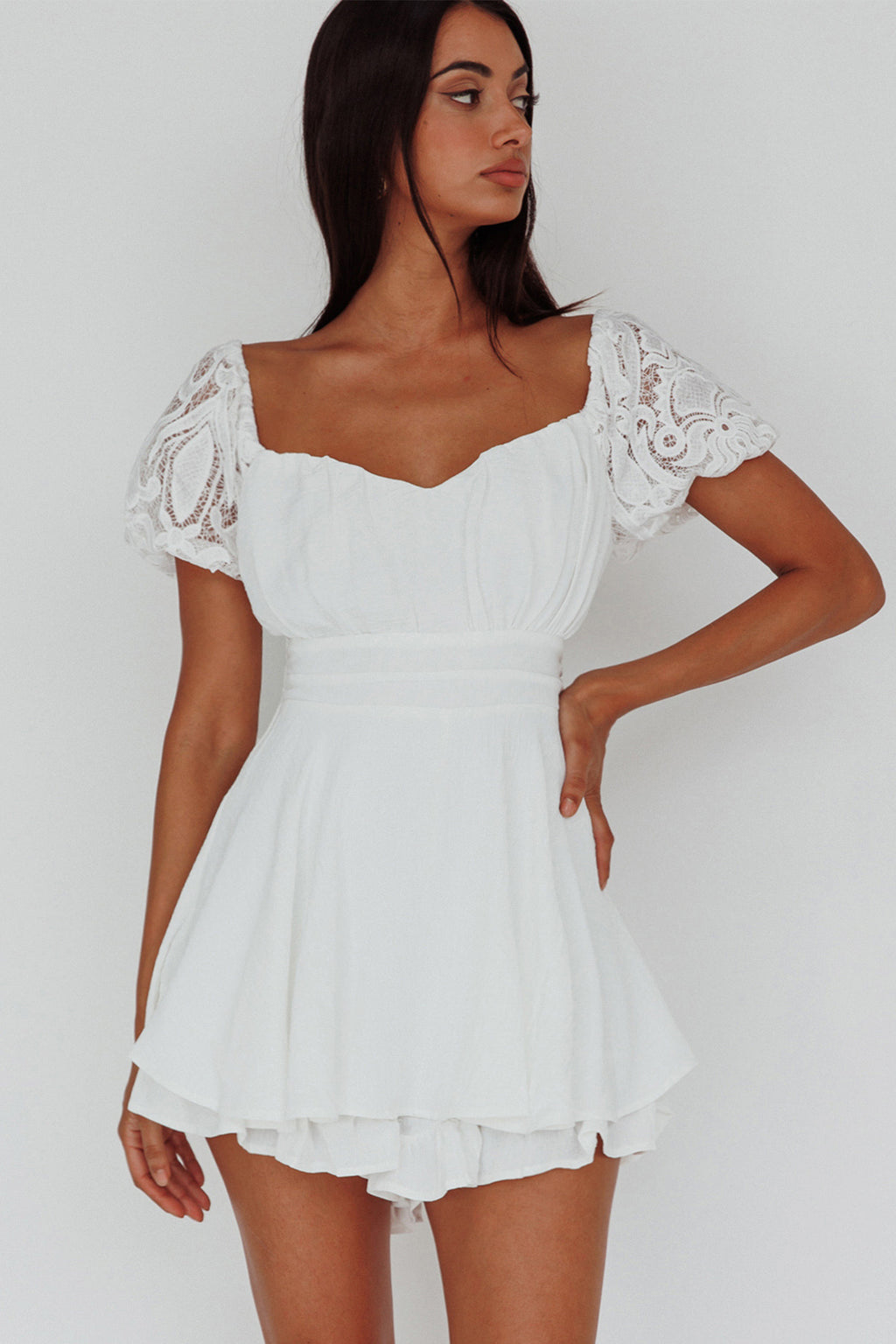 Lianah Lace Sleeve Tied Back Romper White by Selfie Leslie Australia