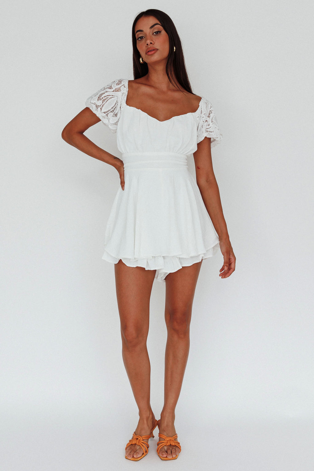 Lianah Lace Sleeve Tied Back Romper White by Selfie Leslie Australia