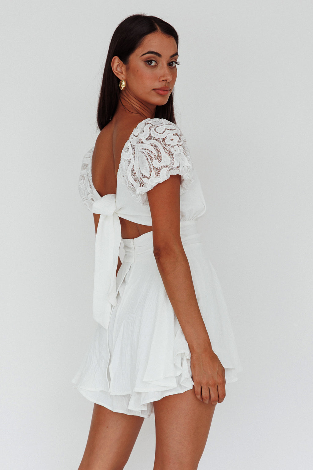Lianah Lace Sleeve Tied Back Romper White by Selfie Leslie Australia