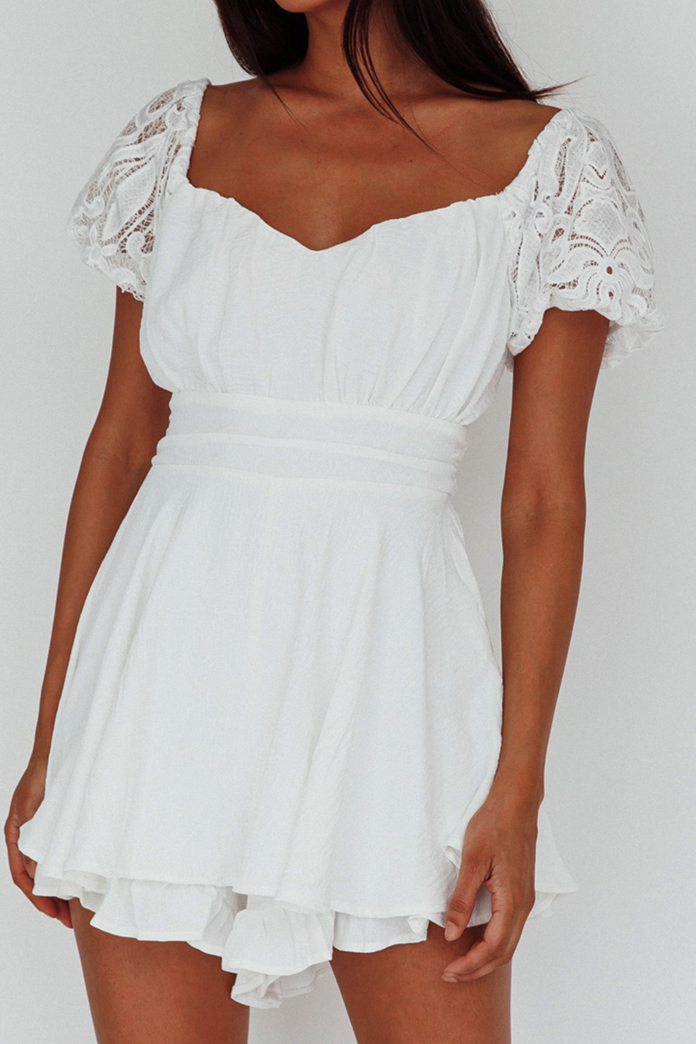 Lianah Lace Sleeve Tied Back Romper White by Selfie Leslie Australia