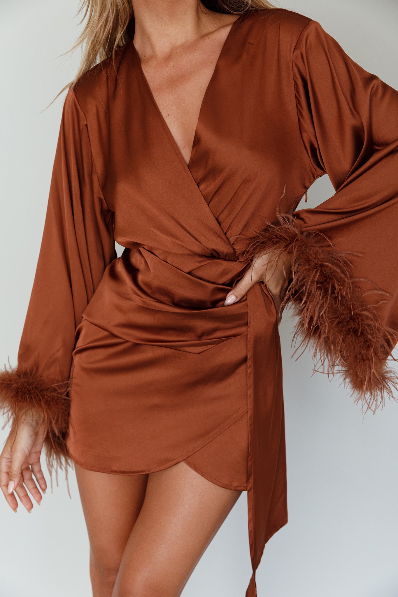 Screen Queen Feather Cuff Mini Dress Ginger by Selfie Leslie Australia