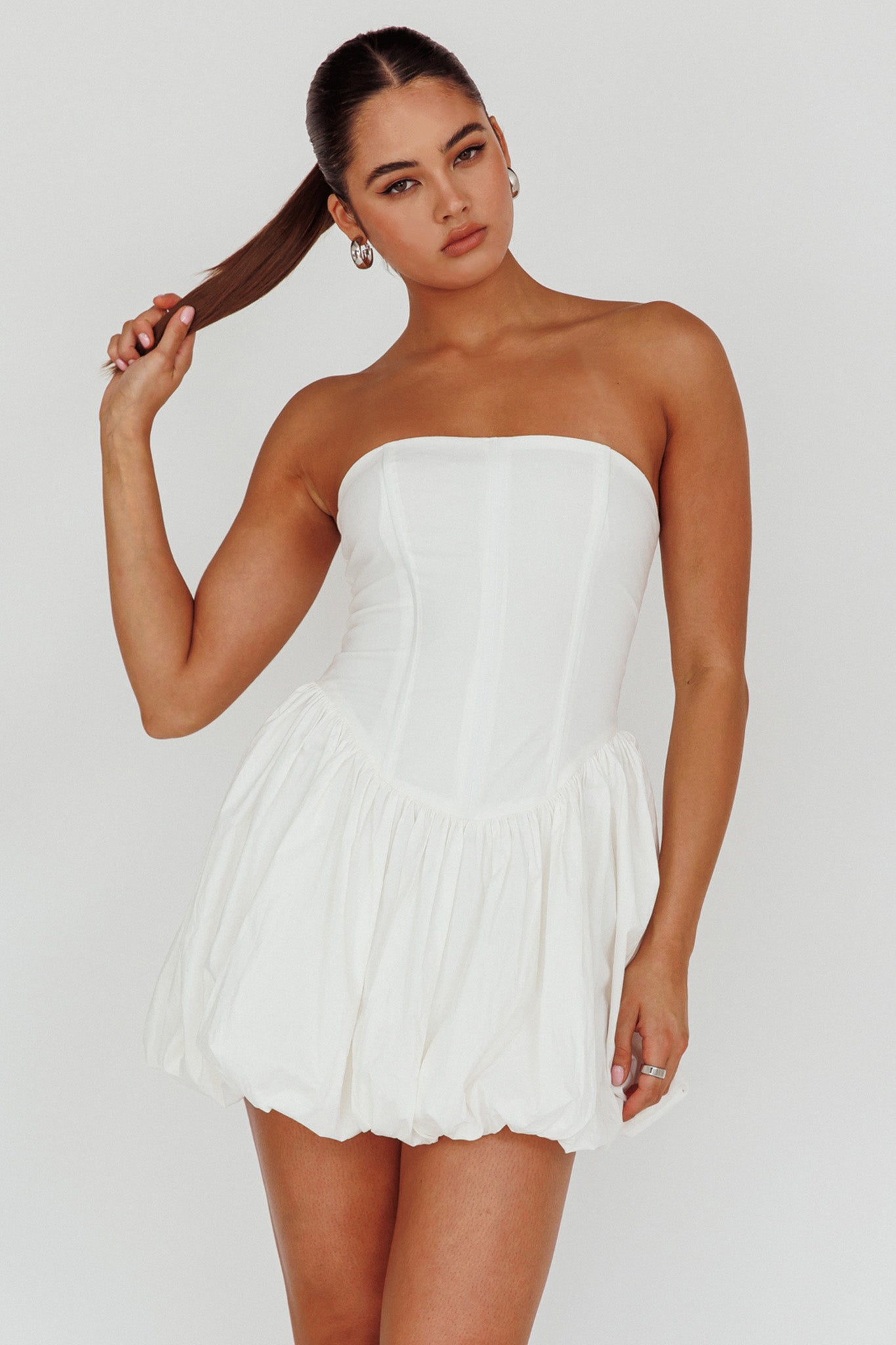 Monti Strapless Bubble Hem Mini Dress White by Selfie Leslie Australia