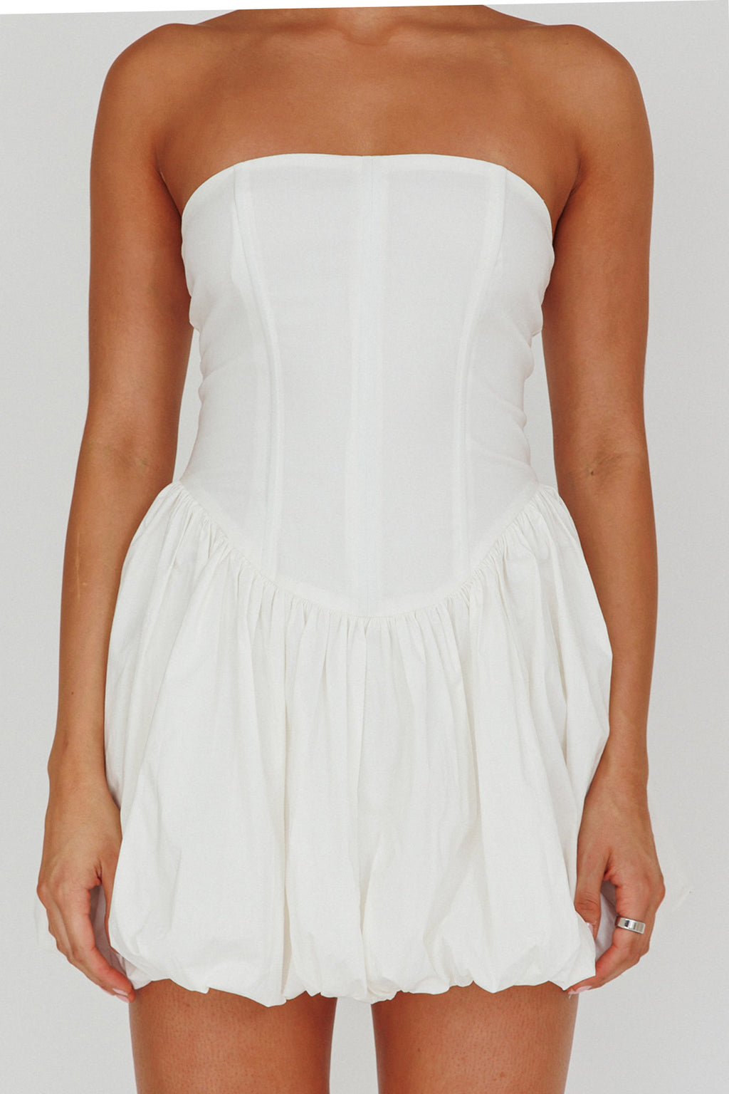 Monti Strapless Bubble Hem Mini Dress White by Selfie Leslie Australia