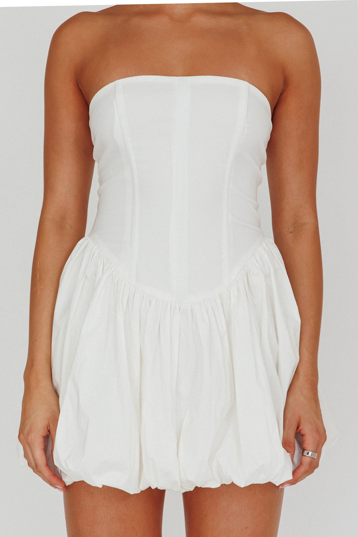 Monti Strapless Bubble Hem Mini Dress White by Selfie Leslie Australia