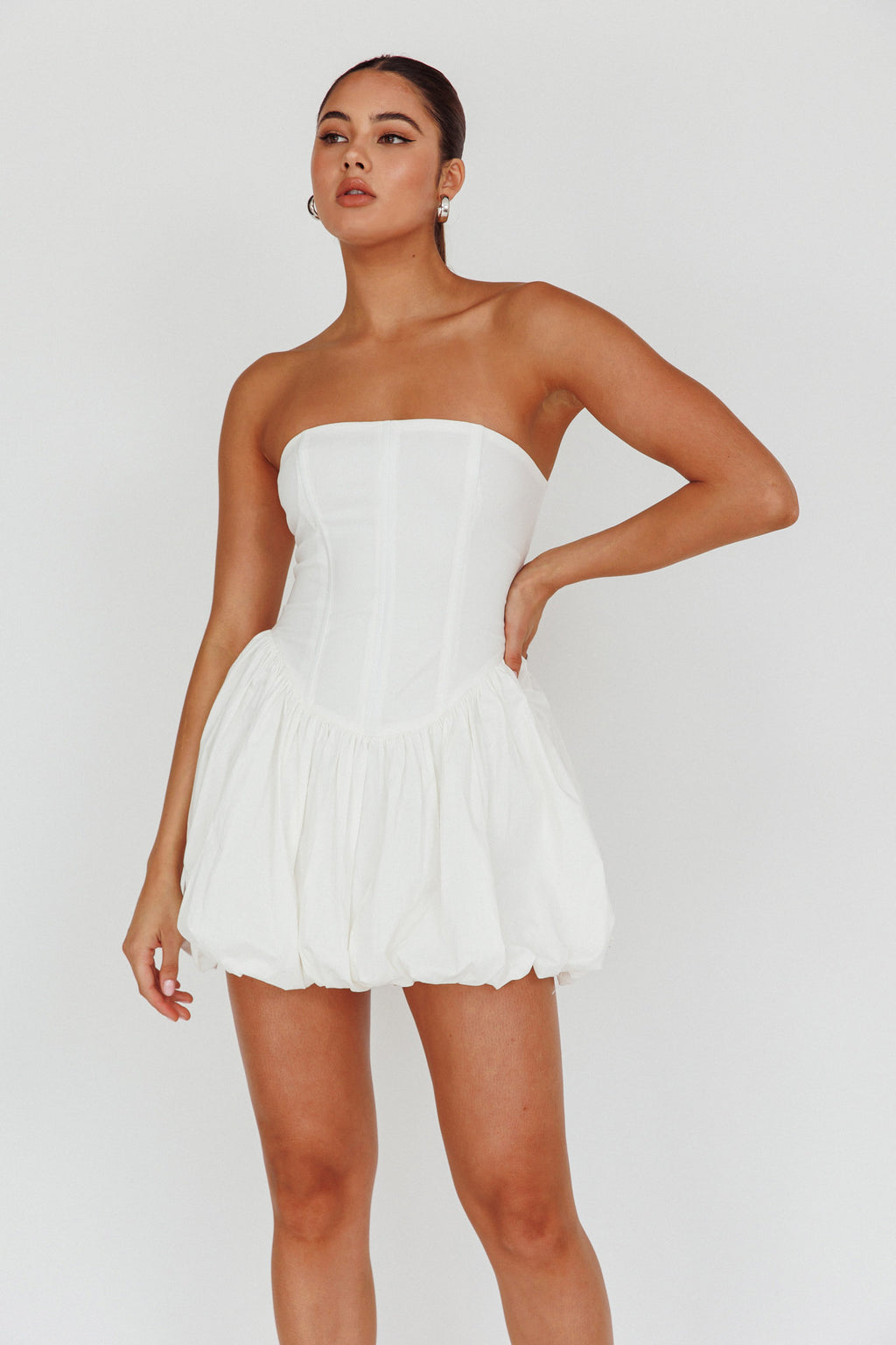 Monti Strapless Bubble Hem Mini Dress White by Selfie Leslie Australia