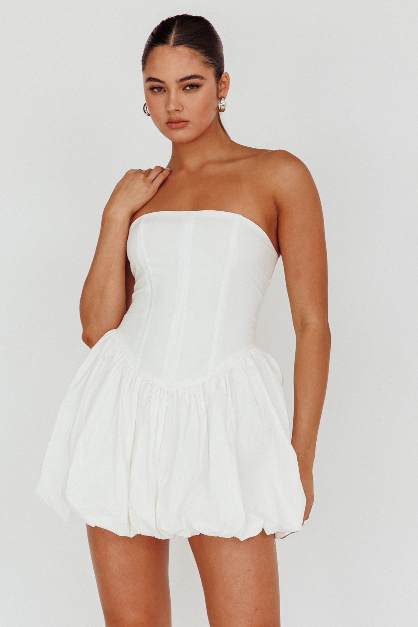 Monti Strapless Bubble Hem Mini Dress White by Selfie Leslie Australia