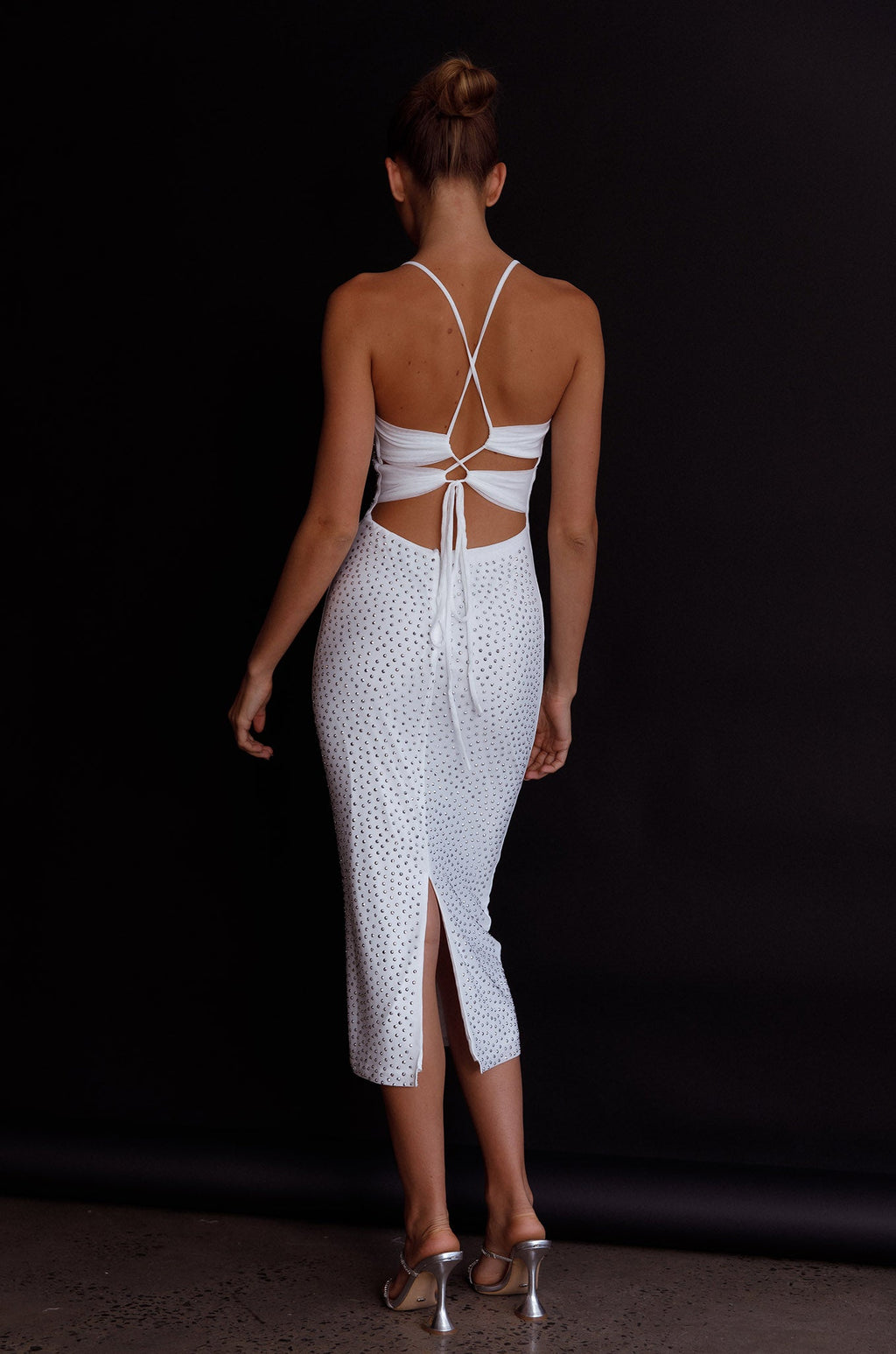 Goodnight Kiss Strappy Back Embellished Midi Dress Ivory by Selfie Leslie