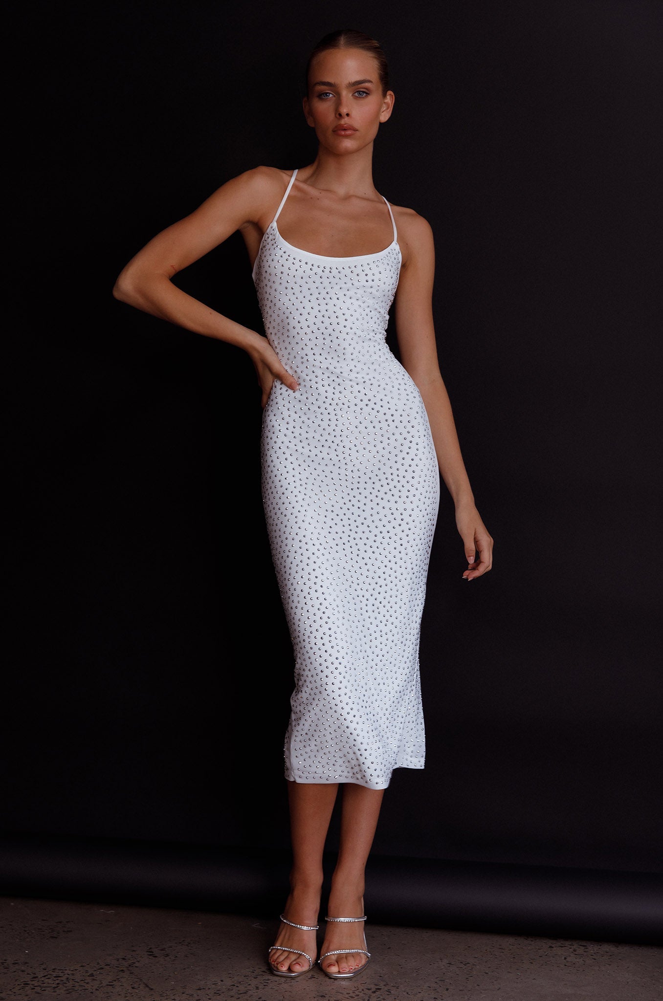Goodnight Kiss Strappy Back Embellished Midi Dress Ivory by Selfie Leslie