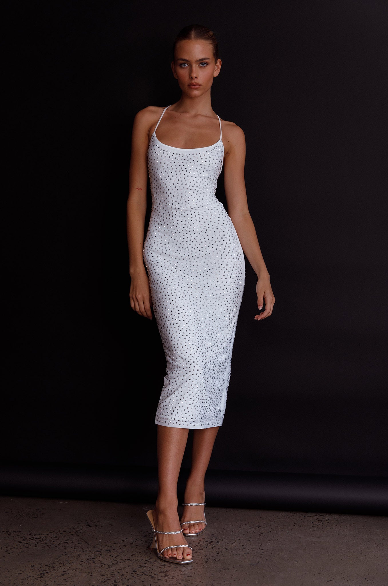 Goodnight Kiss Strappy Back Embellished Midi Dress Ivory by Selfie Leslie