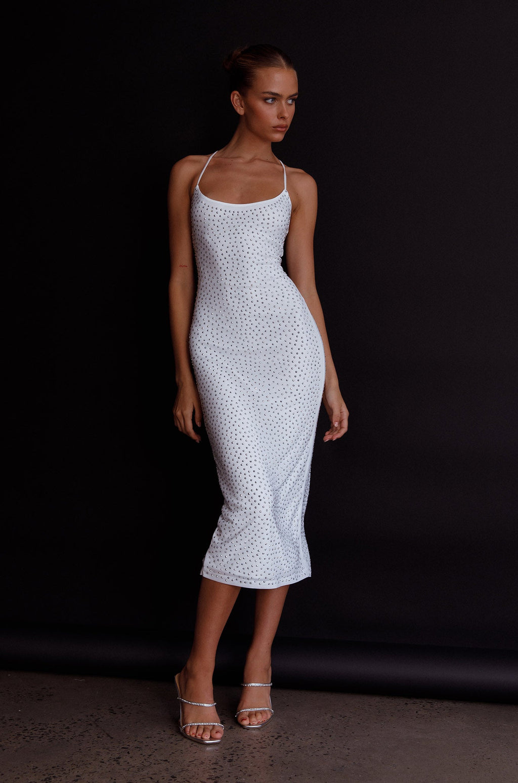 Goodnight Kiss Strappy Back Embellished Midi Dress Ivory by Selfie Leslie